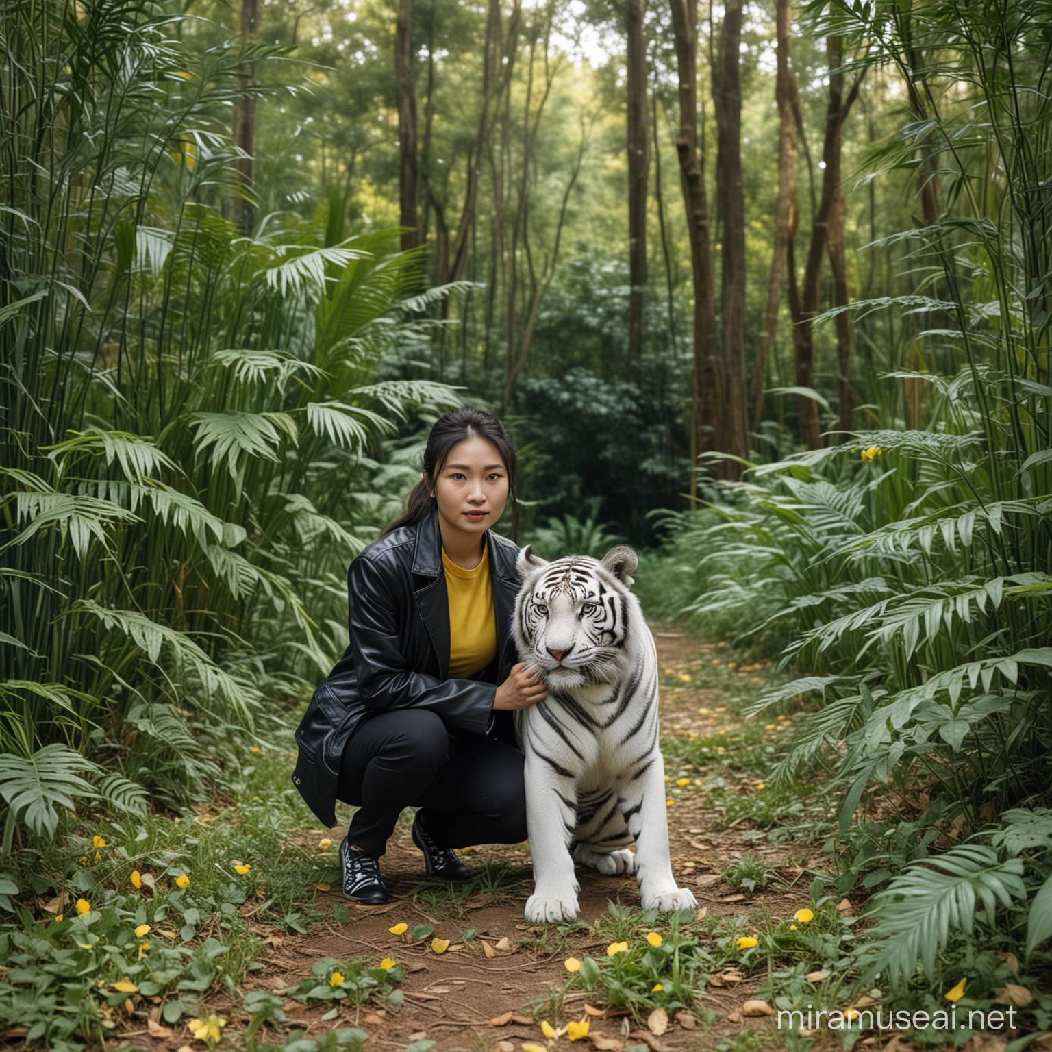 an Asian woman, squatting on the ground. The individual was wearing a black jacket with yellow accents and black trousers. In front of the individual, there was a white tiger cub with black stripes that looked calm. The tiger has pure white fur with blue eyes and small ears. The background of the image is a forest with large trees and other green plants. 🌳🐅