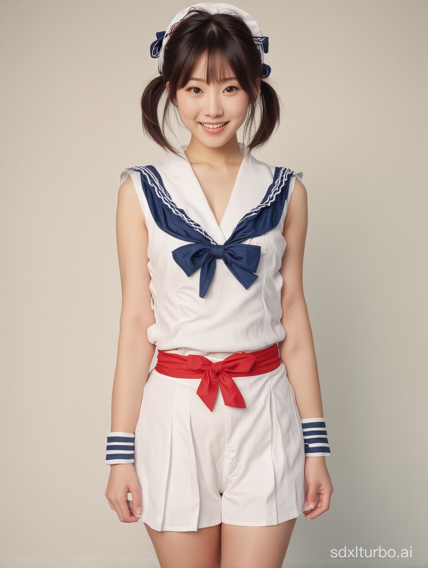 1 Japanese girl, about 20 yo，huge breast，sexy，full body, smile, sailor suit ，back view，focus on eyes，Photograph by Loretta Lux