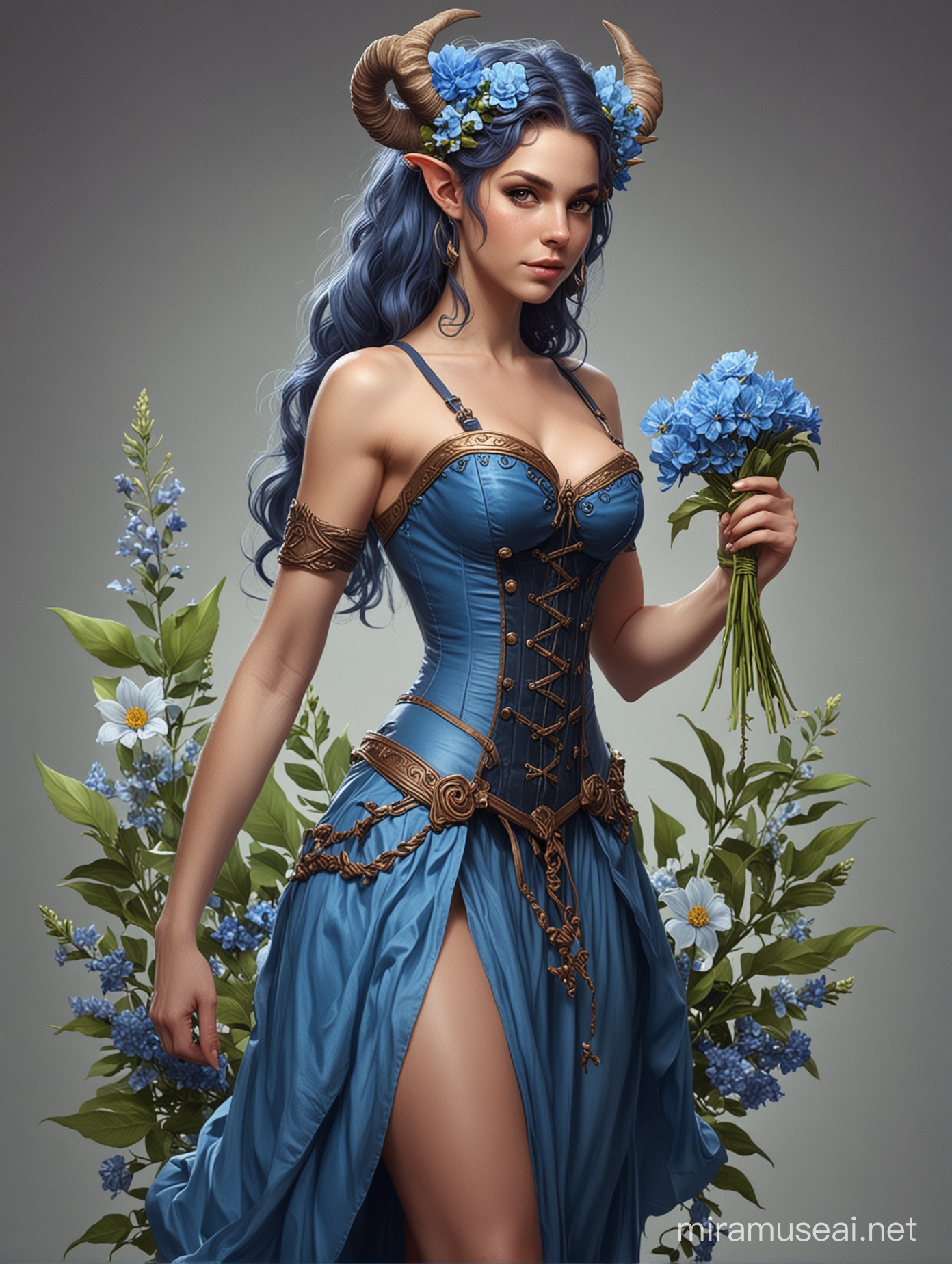 Female DnD satyr with blue corset dress and flowers in hair