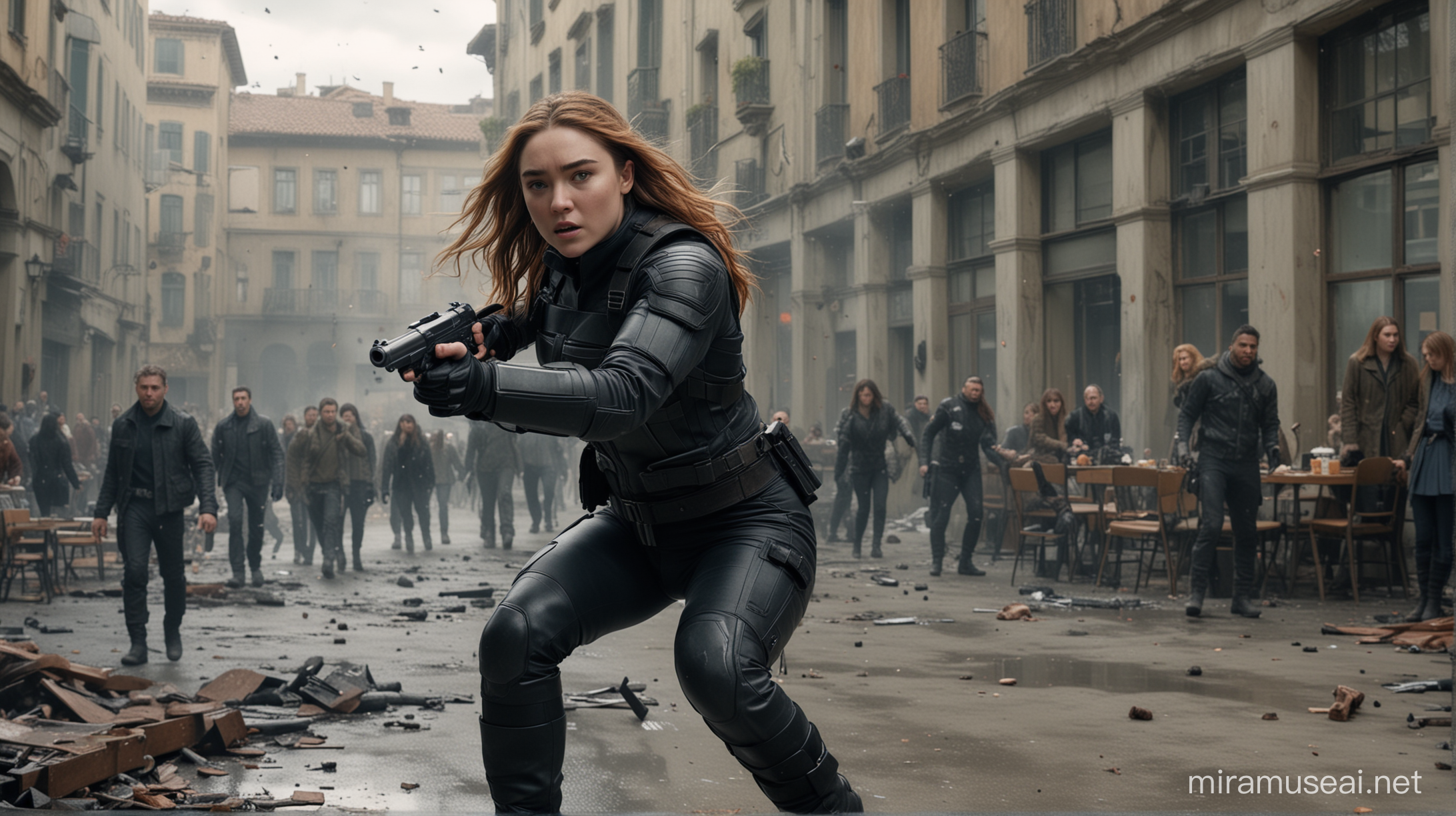 Photographic, extremely high quality high detail RAW photo, Florence Pugh, as The Winter Soldier, aiming a pistol, sprinting through a cafeteria, debris flying, panicked civilians, dynamic action, powerful muscular anatomy detail, cinematic destruction, perspective from street level looking up, 8K resolution, by Hajime Isayama and Michael Bay