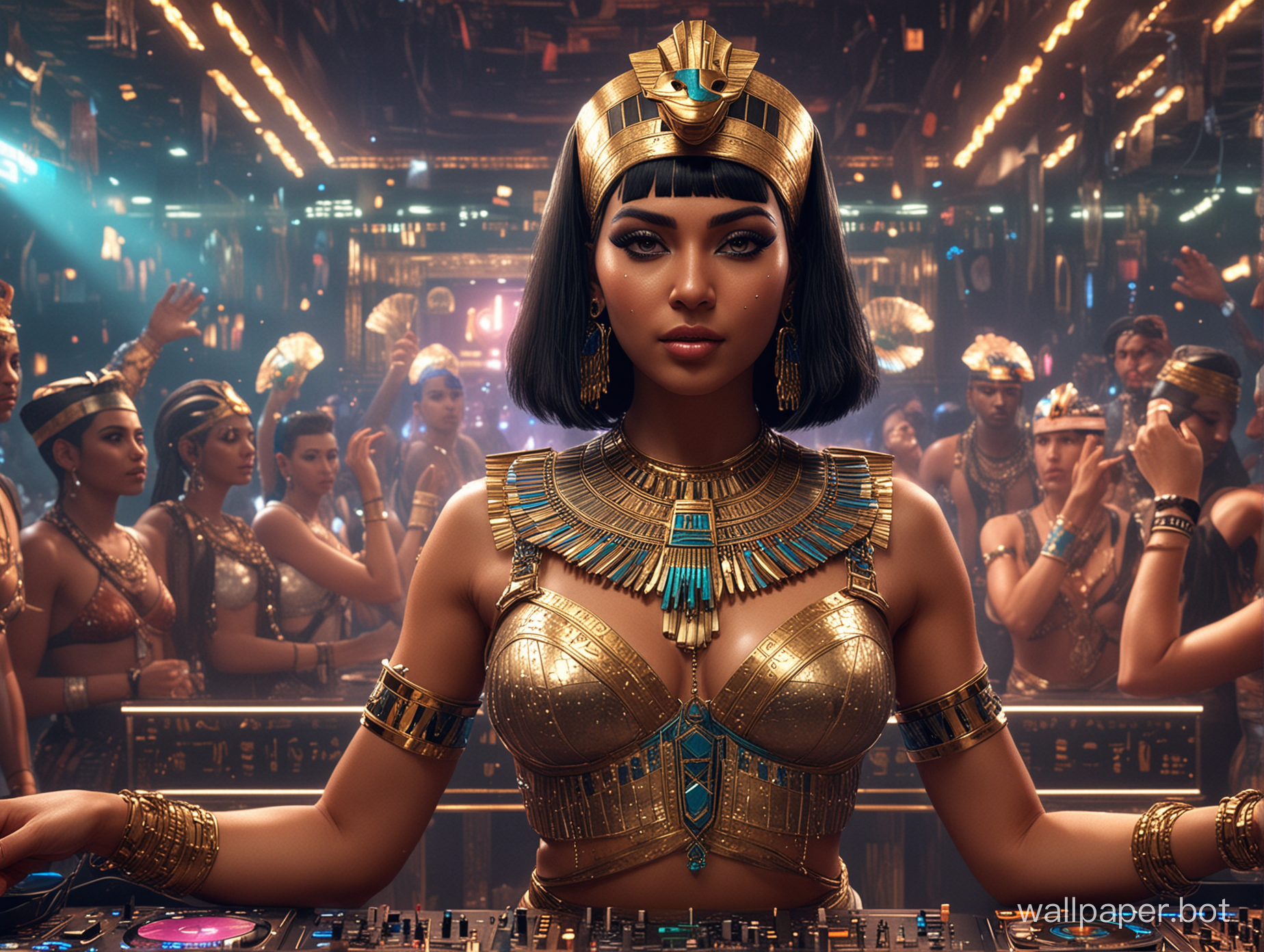 A futuristic and captivating 3D render of the iconic Egyptian Queen, Cleopatra, as a DJ. She is seen standing in a neon-lit nightclub, wearing a modern DJ outfit with a golden headpiece and accessorizing with her pharaoh-inspired jewelry. The background is filled with flashing lights, pulsating beats, and a crowd of party-goers dancing to her music. The overall atmosphere is a blend of ancient history and modern technology, creating a unique and thrilling experience., 3d render