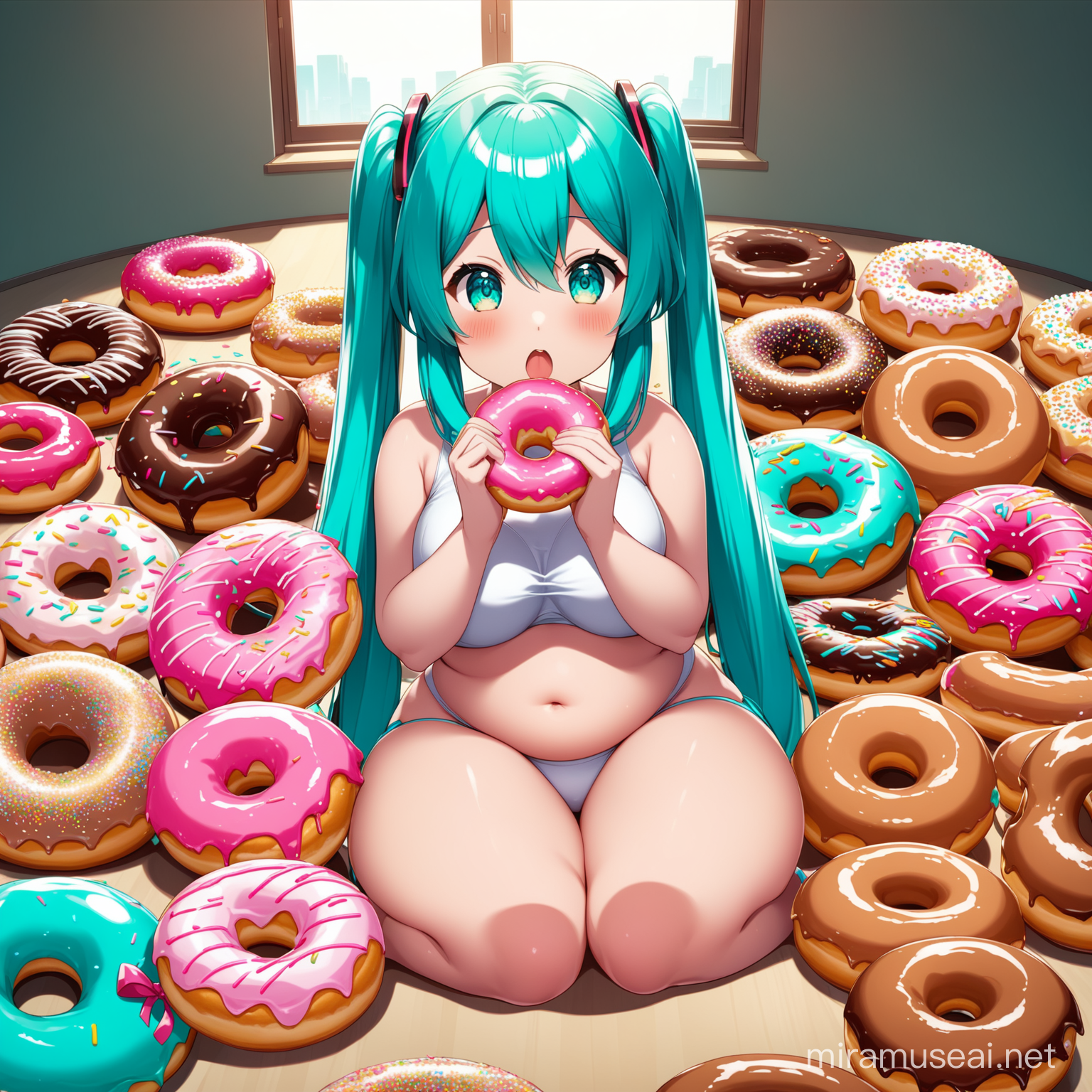 Cheerful Hatsune Miku and Friends Enjoying a Donut Feast in a Vibrant Donut Wonderland