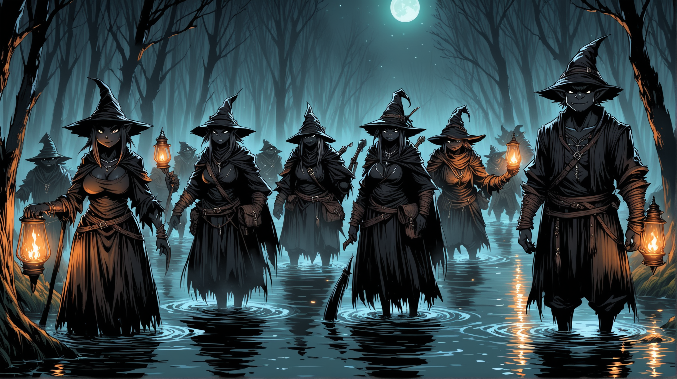Medieval Fantasy Ink Black Goblin Tribe in Swamp at Night