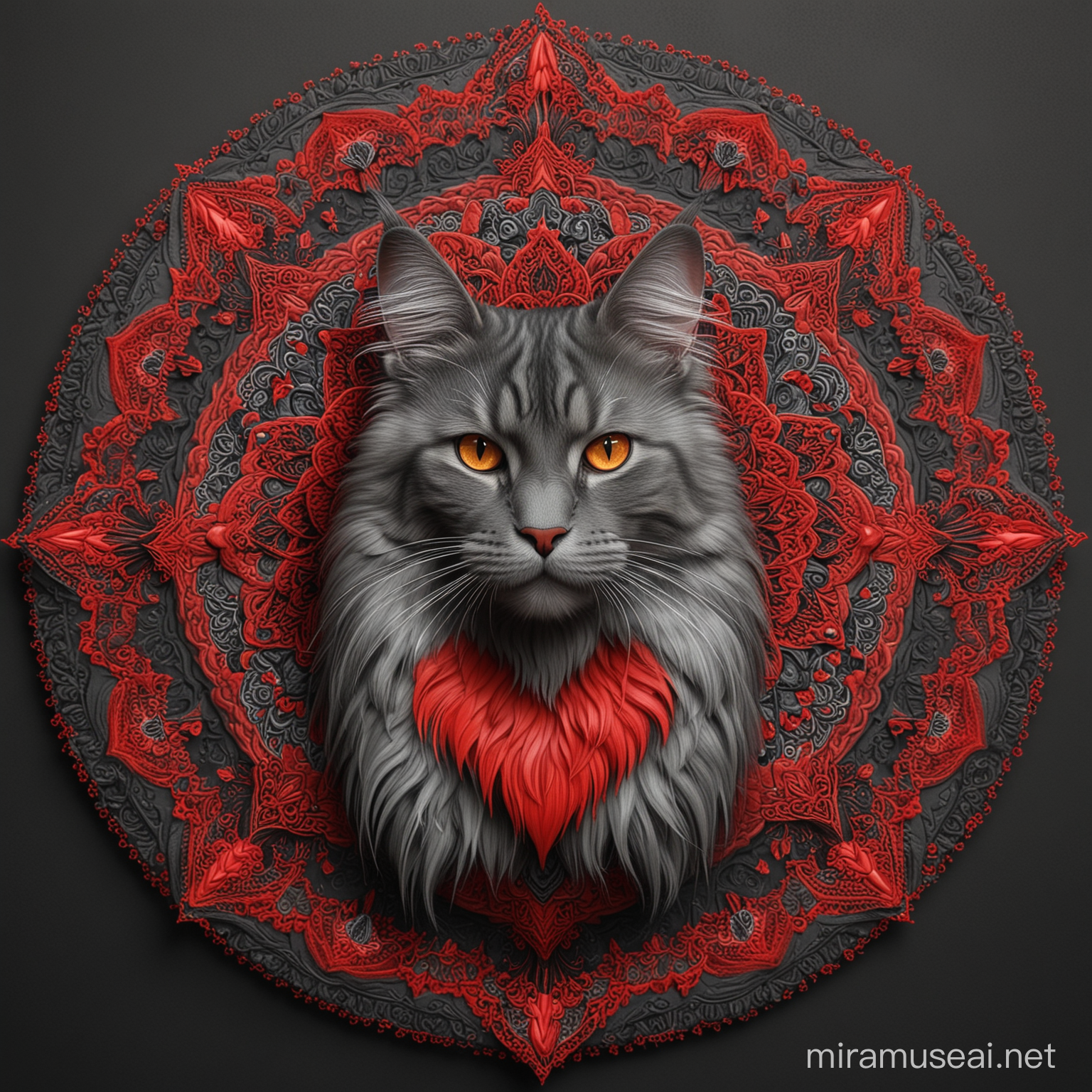 Majestic Grey Maine Coon Cat in Vibrant Red and Black Mandala