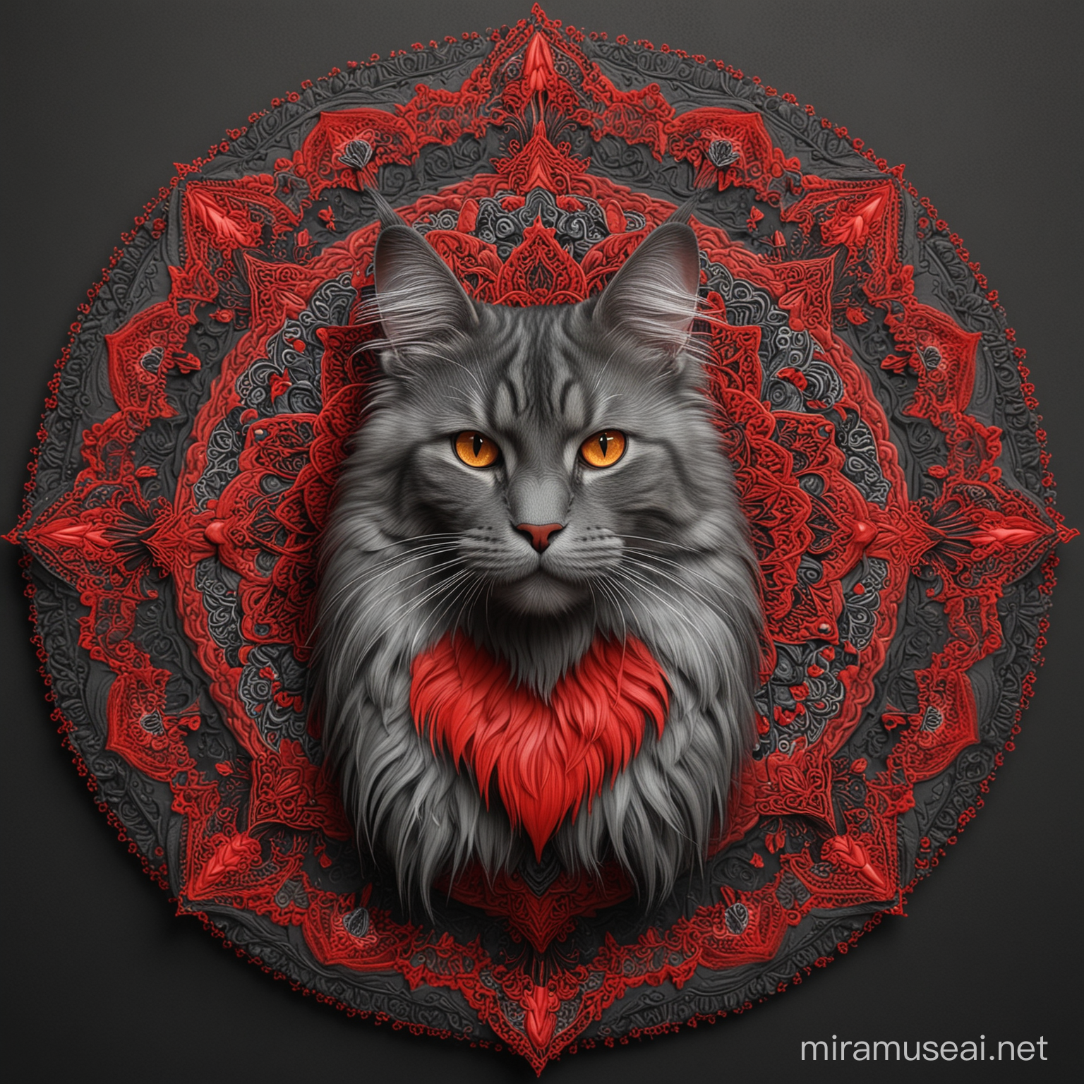 grey maine coon cat, 3d, mandala, red an black
