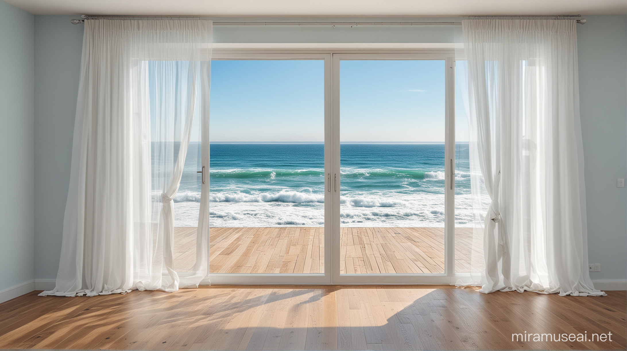 Tranquil Coastal Scene with Billowing White Curtains and Ocean View