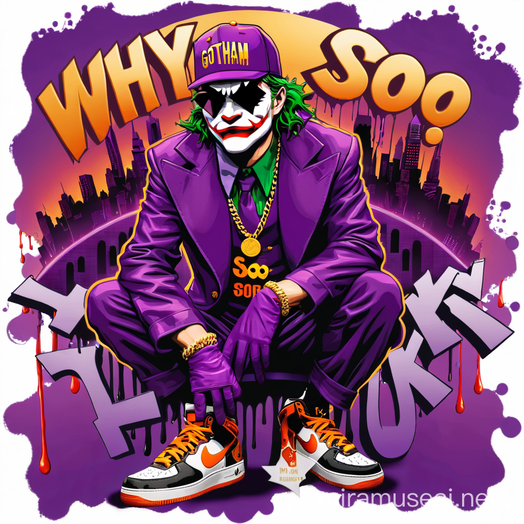 create cartoon joker dress in purple, purple snapback hat dark shades  with gold chain white black and red air force in the background city of Gotham, correctly spelled words in burnt yellow and orange 'WHY SOO SERIOUS" dripping font  SERIOUS IN PURPLE under his feet
