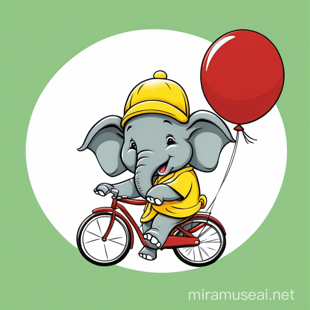 cute, adorable, cartoon-like, grey elephant with wide smile, holding yellow baloon with his trunk, wearing red hat, riding small green bike, having time of his life, big white circle in the background