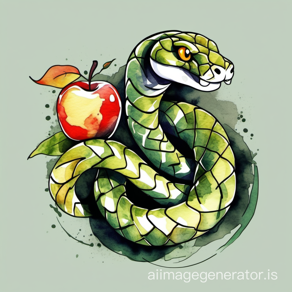 Abstract cartoonish watercolor design of a snake with an apple, sumi-e watercolor style, tshirt print design, with empty background 