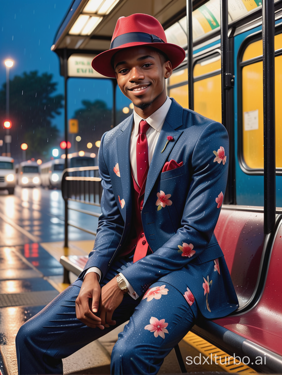 Straight on view, full body portrait of a young black male in a floral dark blue suit, red tie, vintage hat, sitting at a bus stop at night, sly evil grin, raining
