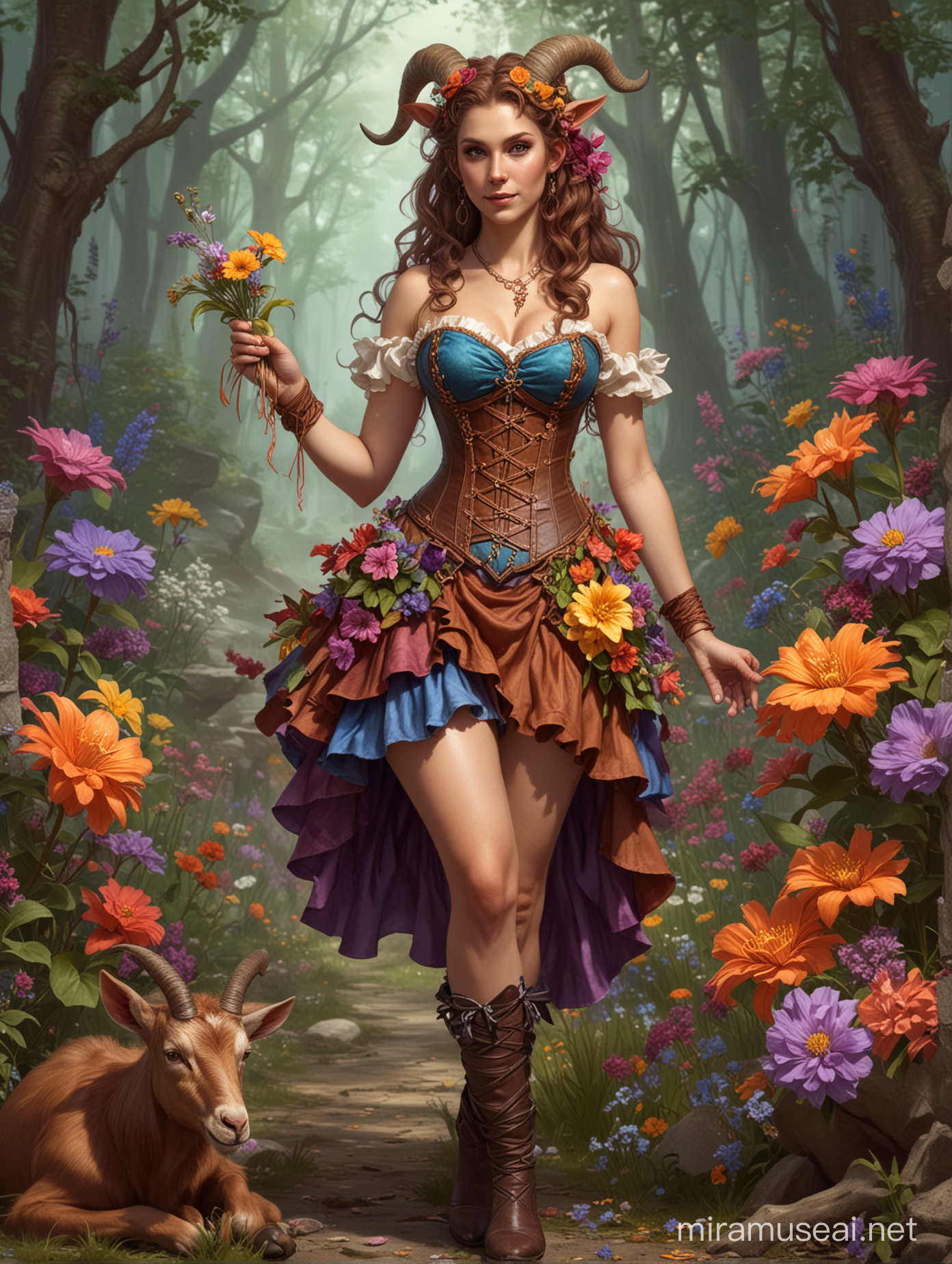 Female DnD satyr with brown goat legs colorful corset dress and flowers in hair. 