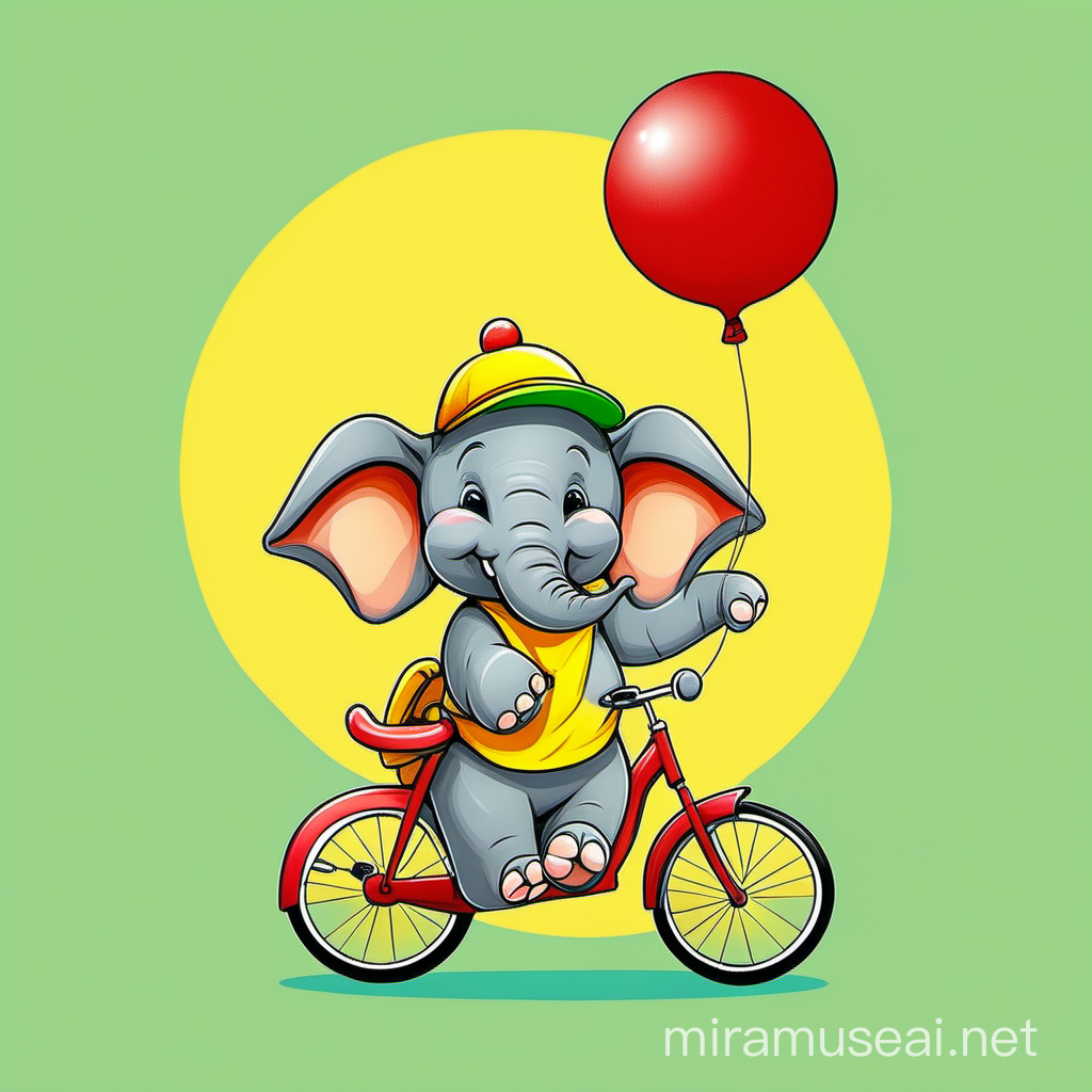 cute, adorable, cartoon-like, grey elephant, smiling, wearing sunglasses, holding yellow baloon with his trunk, wearing red hat, riding small green bike, big yellow circle in the background