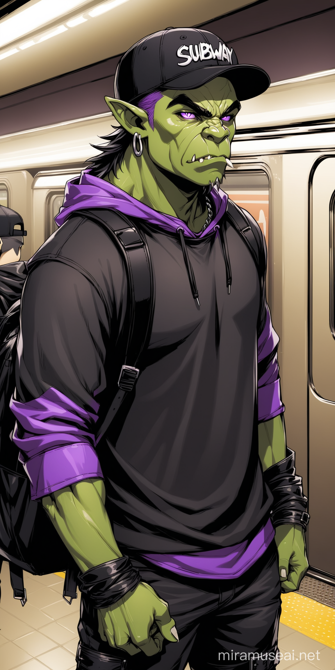 a male grey skinned half-orc with purple eyes wearing black baseball cap and black streetwear in a subway
