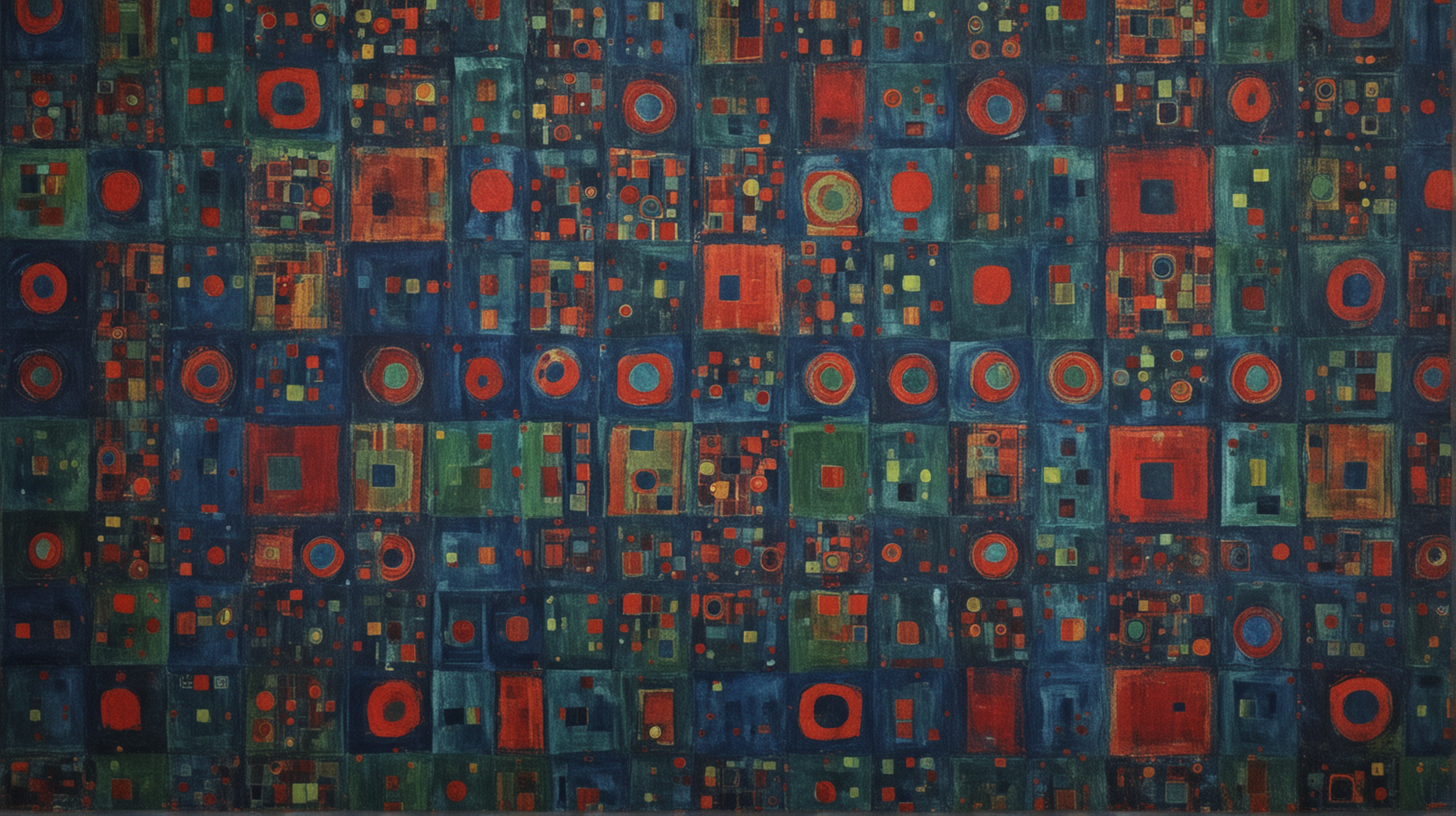 Abstract Expressionism of patterns image with no people with deep blue, deep red and some green with squares and circles.
.