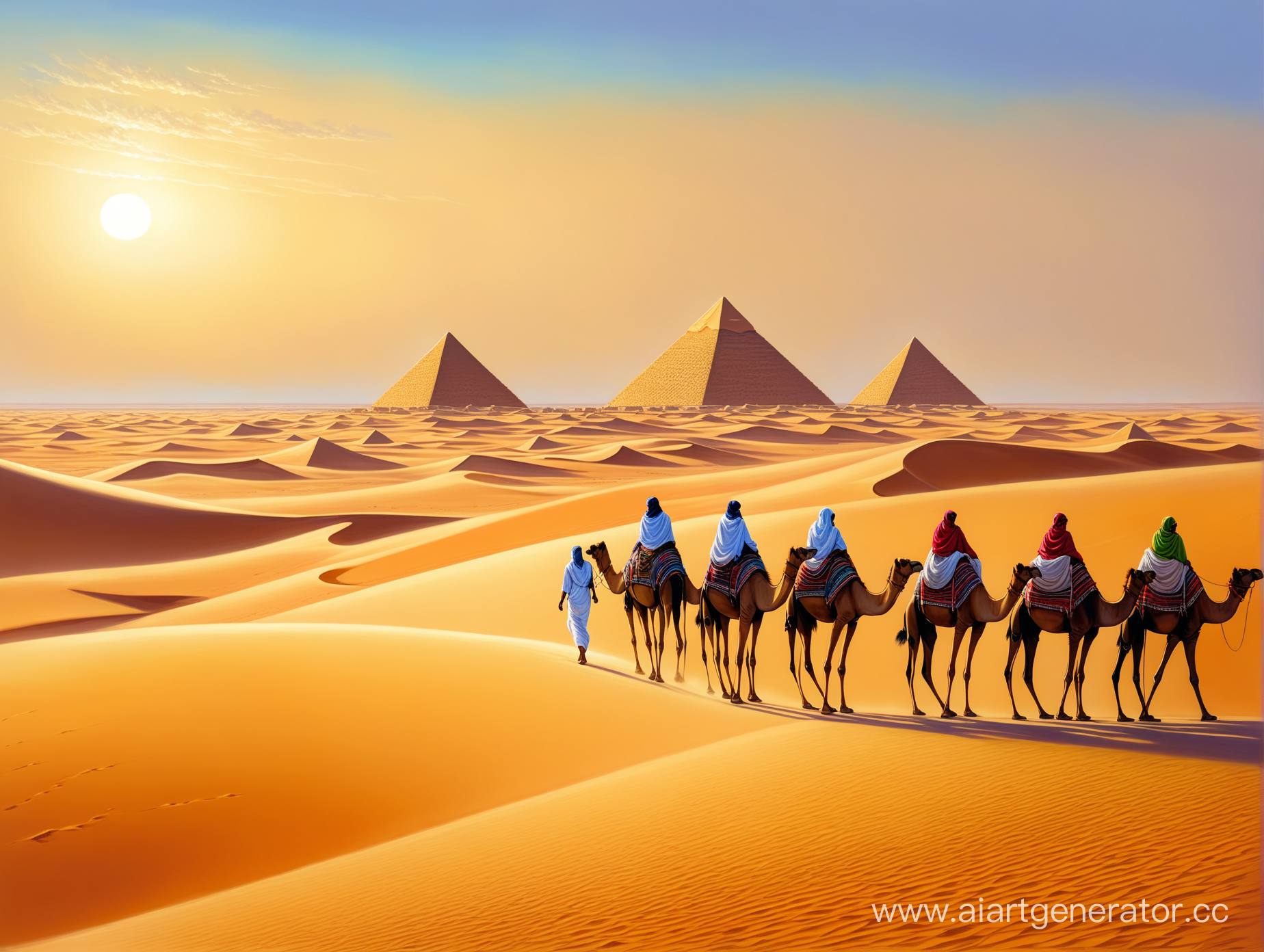 Пустыня Сахара,барханы, караван верблюдов,египетские пирамиды,профессиональный, реалистичный, цветной рисунок, масло, живопись, шедевр. 