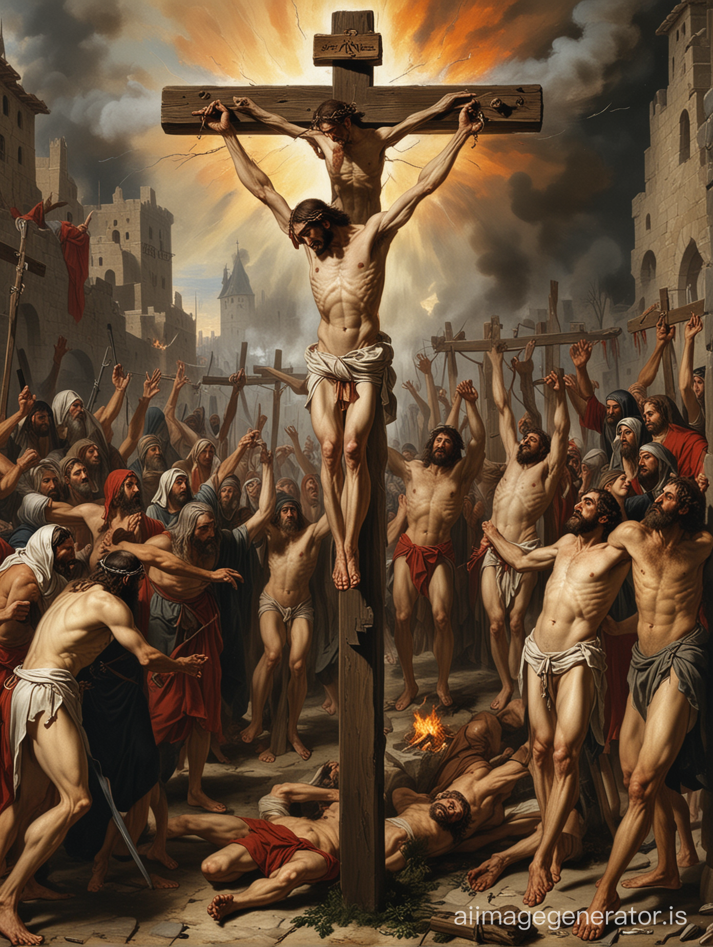 Judeus homens e mulheres crucificados na cruz (nao e Jesus)  queimando  na fogueira santa da  Idade media durante a Inquisicao com Torquemada em 1486