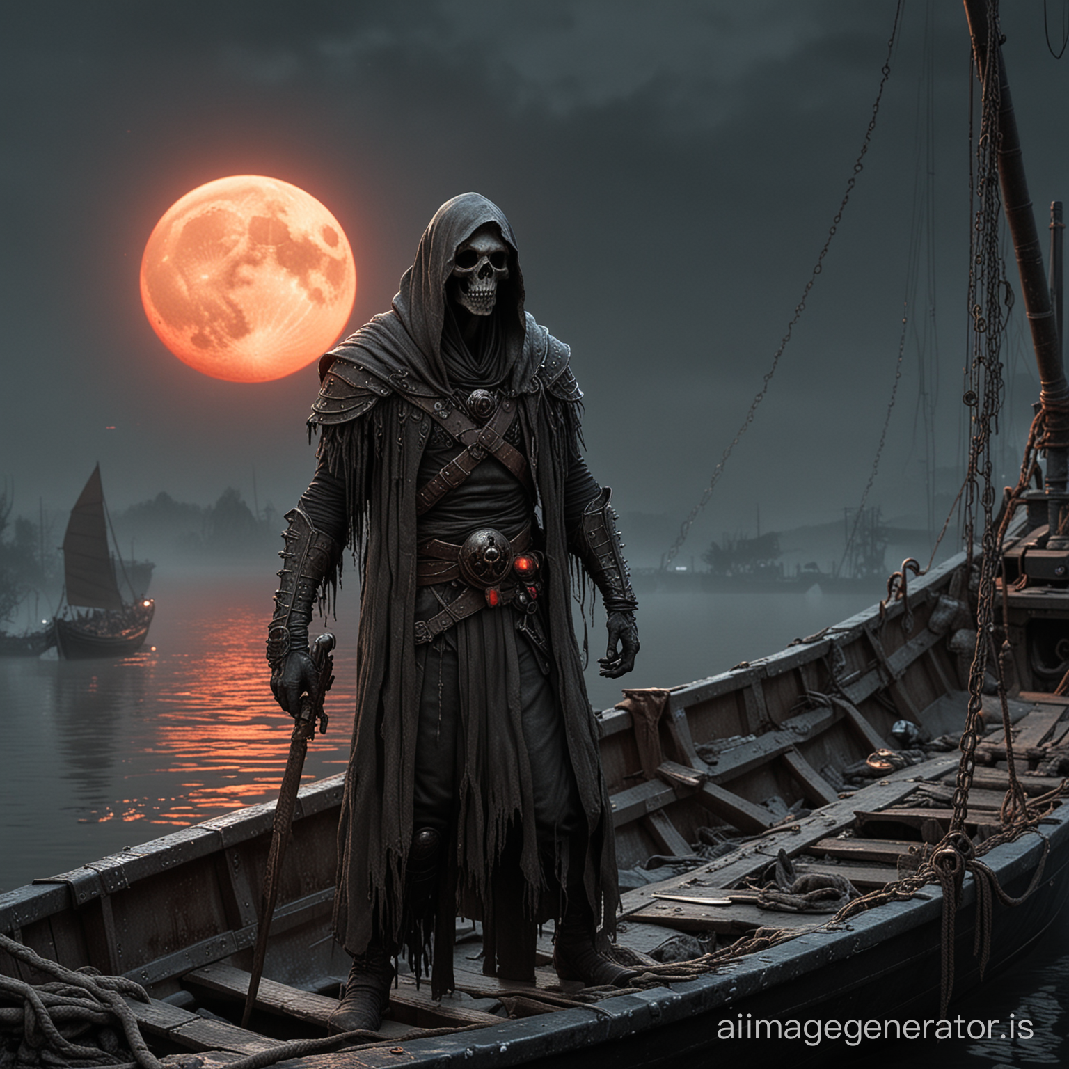 necromancer in ashen rags on a boat, an open pavilion of Charon Cerberus on a boat, necrotics from ash and ash await a ritual on the banks of the River Styx, a curtain of tattered ash bandages, huge necro-guardians are painfully nailed to concrete piers on the river, night moon, palette black black rusty zinc, backlight red moon,
Ray Tracing Global Illumination,Optics, Scattering,Glow,insanely detailed and intricate,superdetailed,Hyper detailed