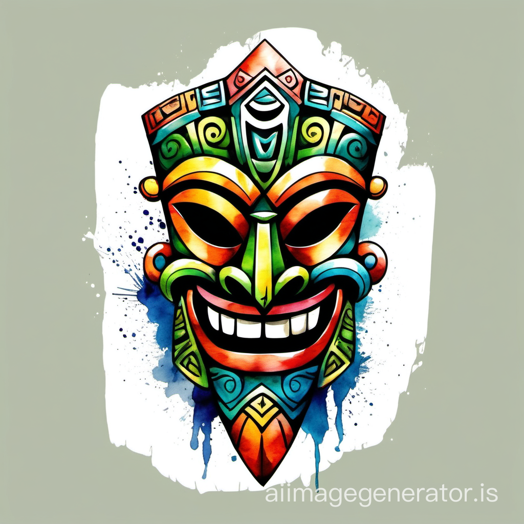 Abstract cartoonish watercolor design of a laughing tiki mask, sumi-e watercolor style, tshirt print design, with empty background 