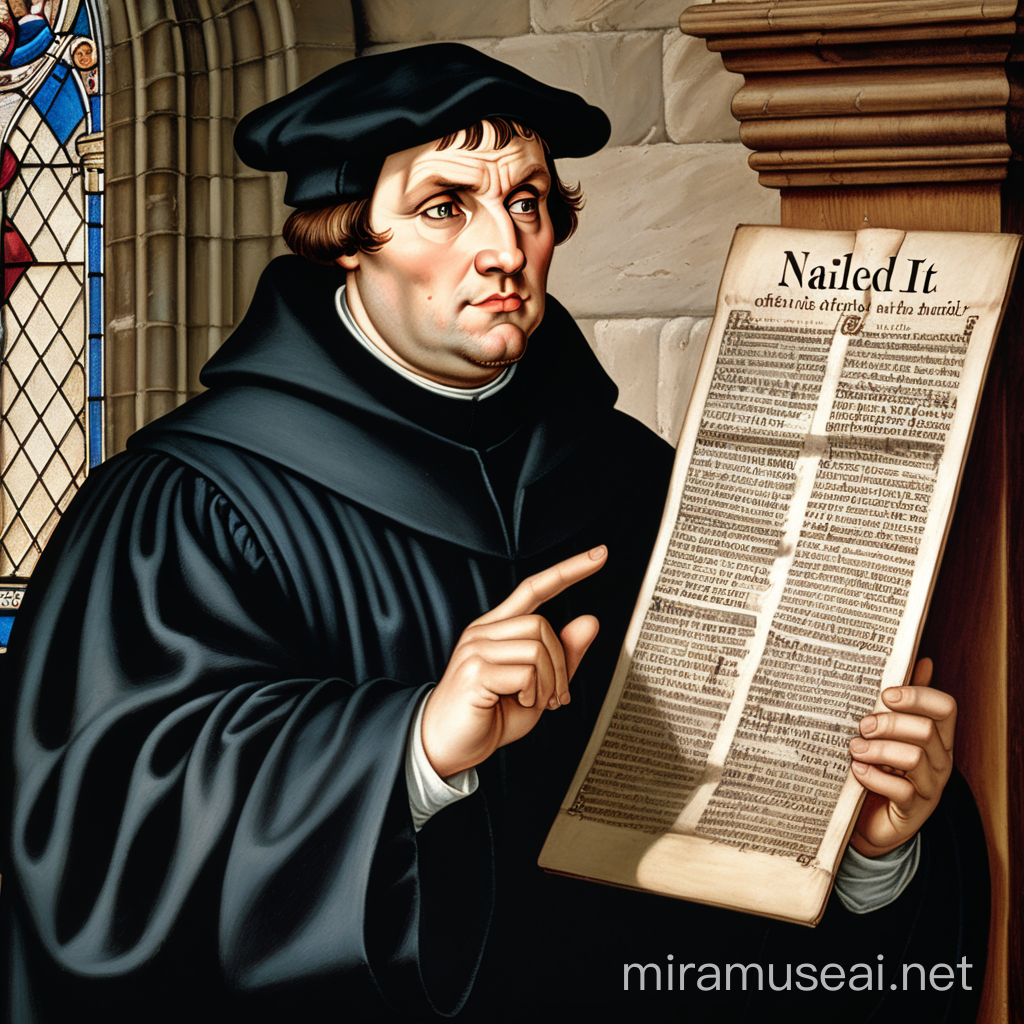 Martin Luther nailing down the 95 theses with the "Nailed it" caption