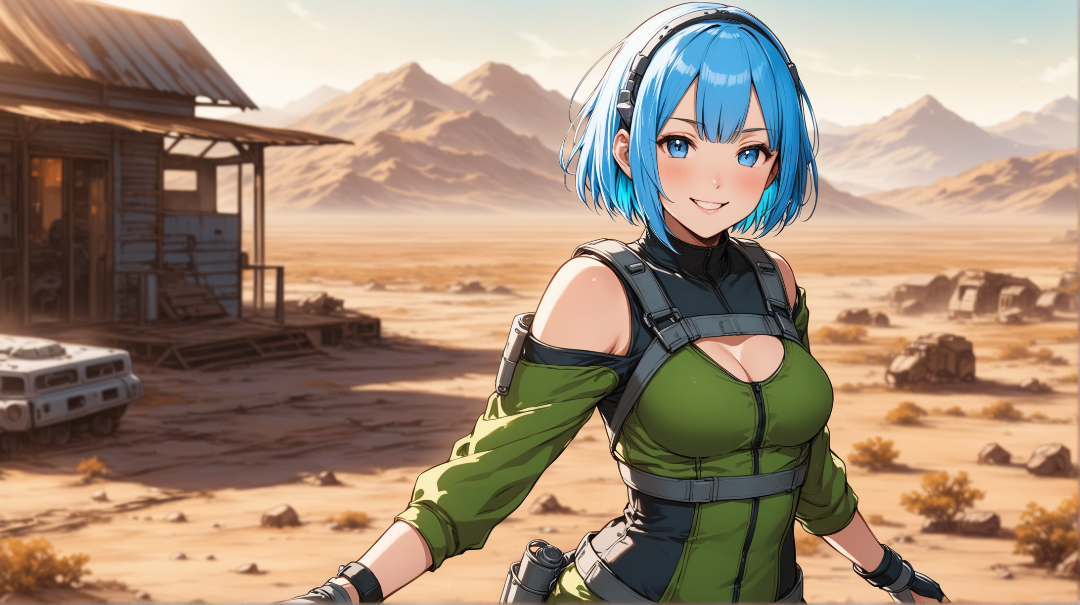 Draw the character Rem, high quality, in a carefree pose, outdoors, wearing an outfit inspired from the Fallout series, smiling at the viewer