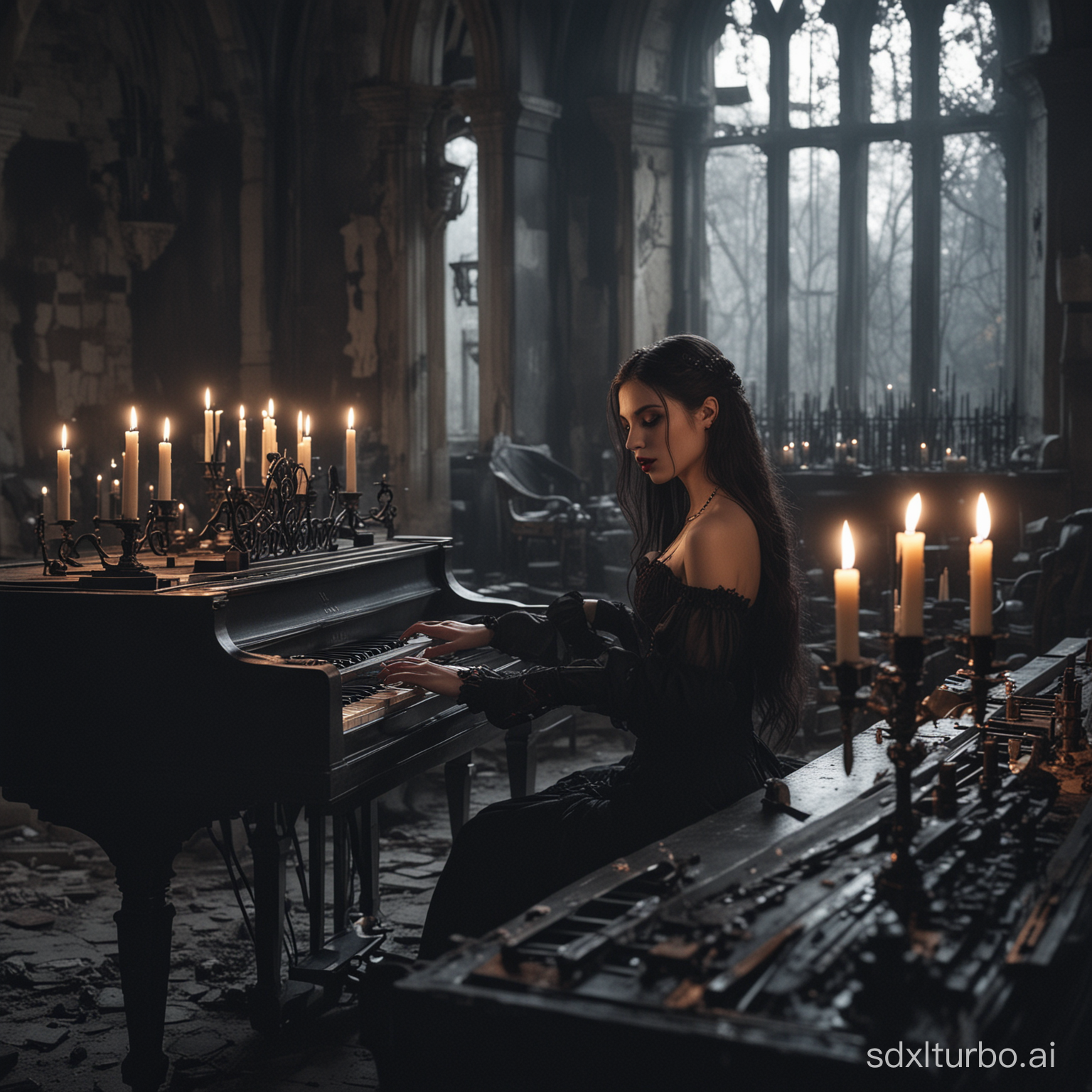 a she gorgeous vampire playing the piano in an abandoned castle with lit black candles all around her
