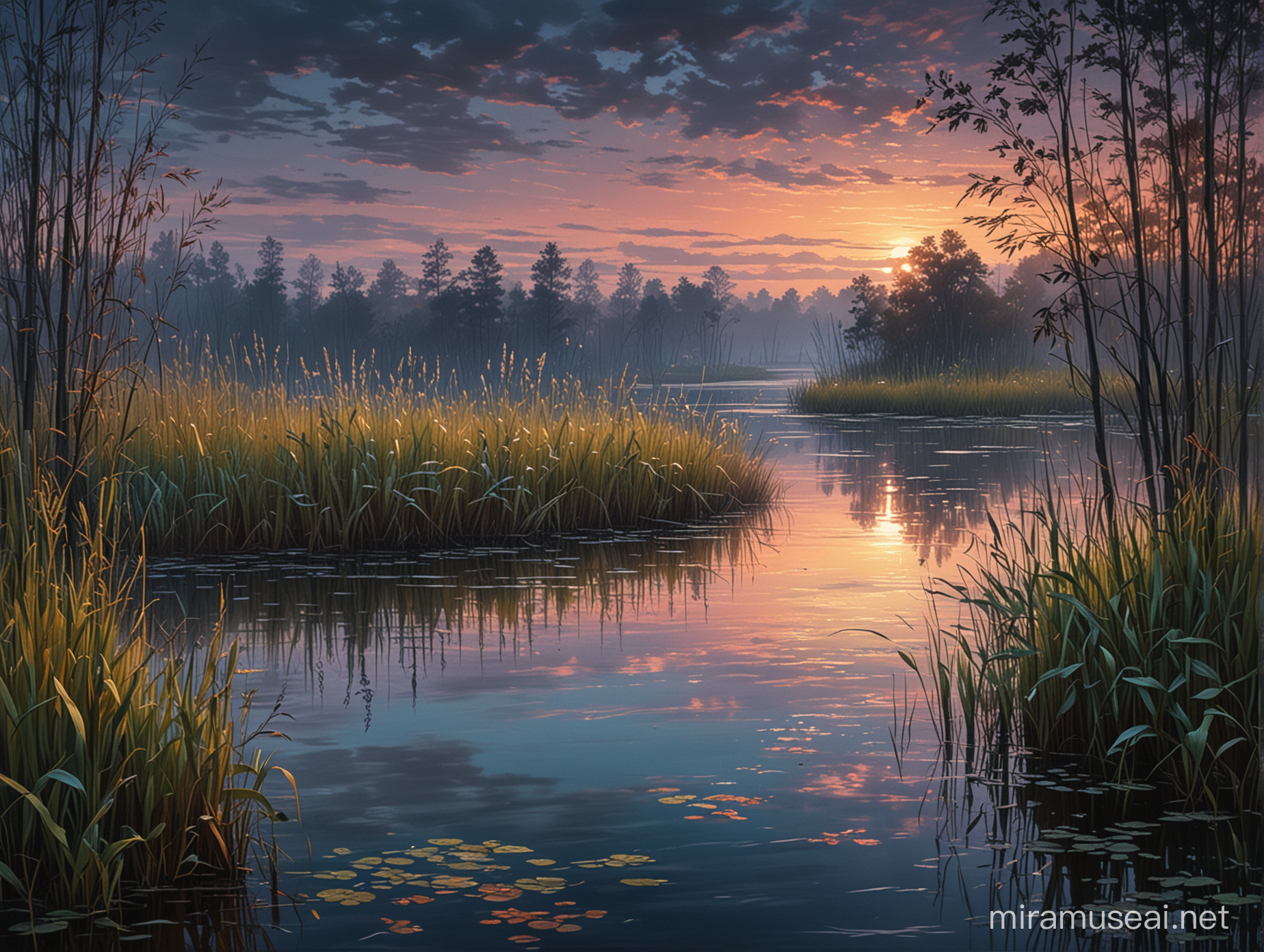 Twilight Swamp Lake with Reeds and FairyTale Forest Realistic Oil Painting Masterpiece