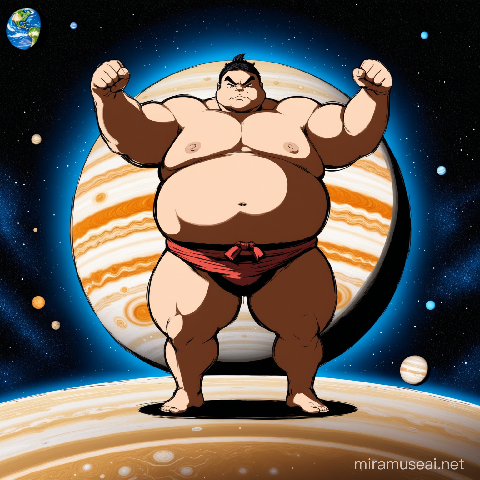 Strong sumo wrestler standing on top of Jupiter the planet 