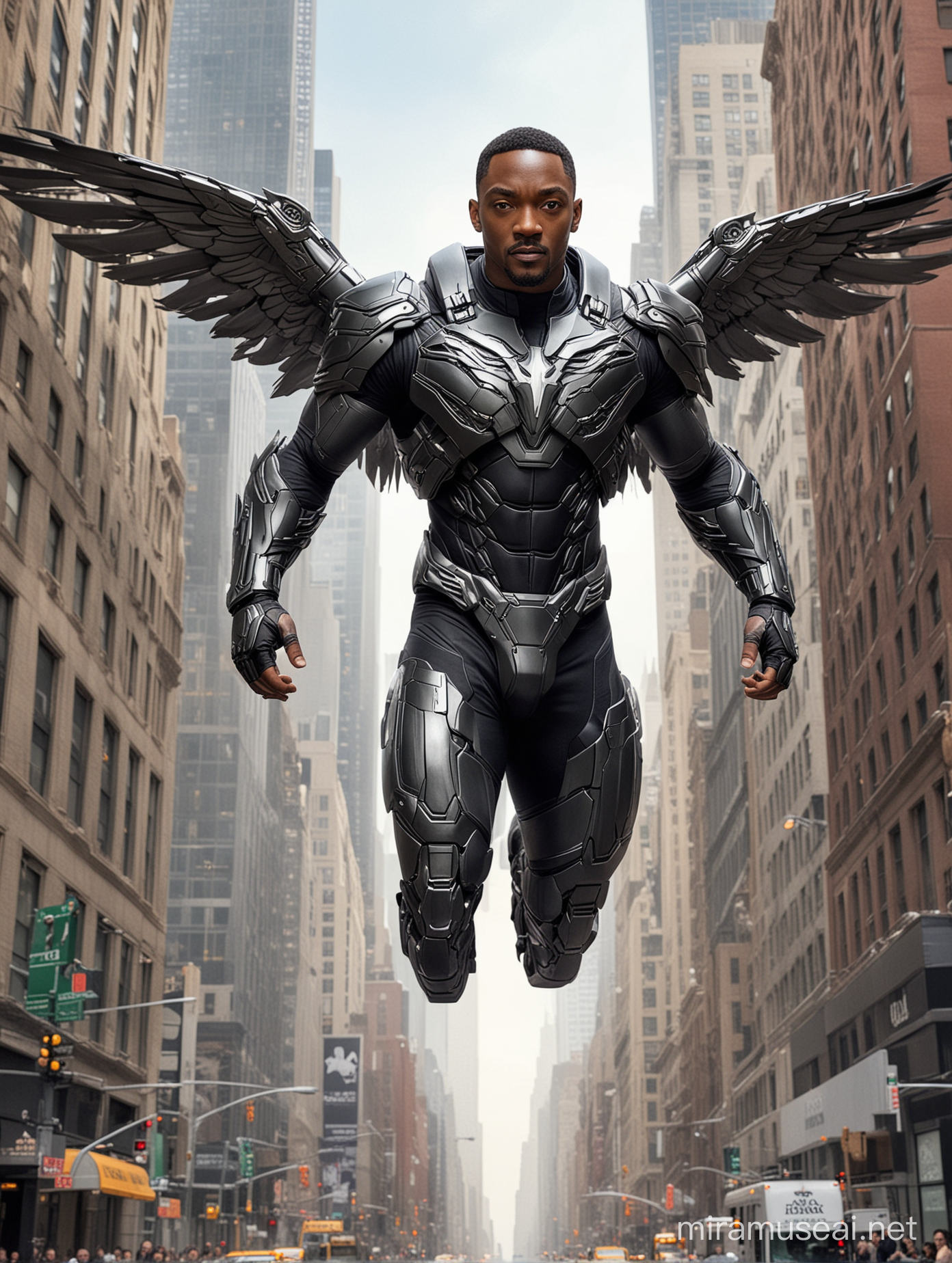 Anthony Mackie with exo-suit with wings flying over New york city