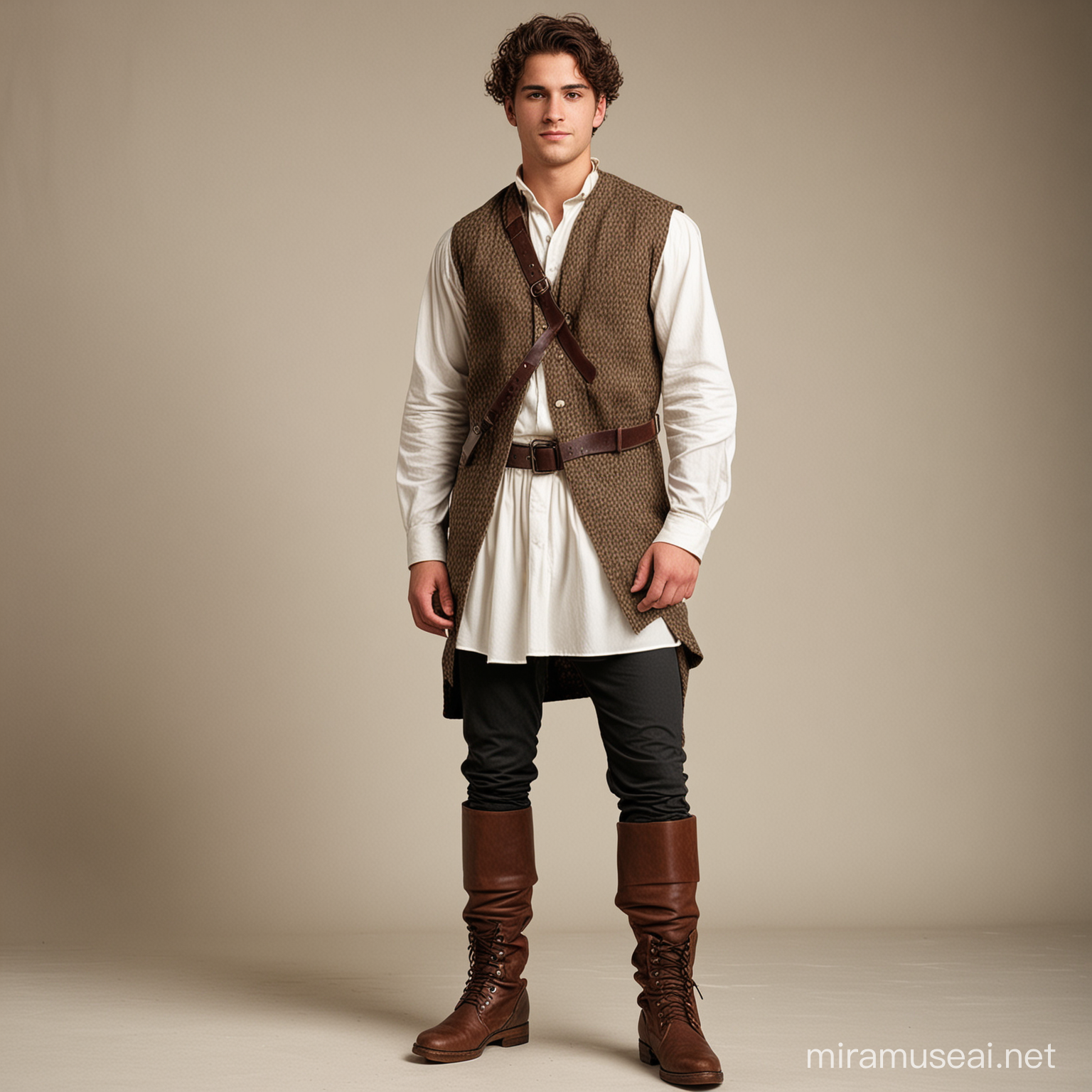 Medieval Young Man in Tunic Vest Pants and Boots