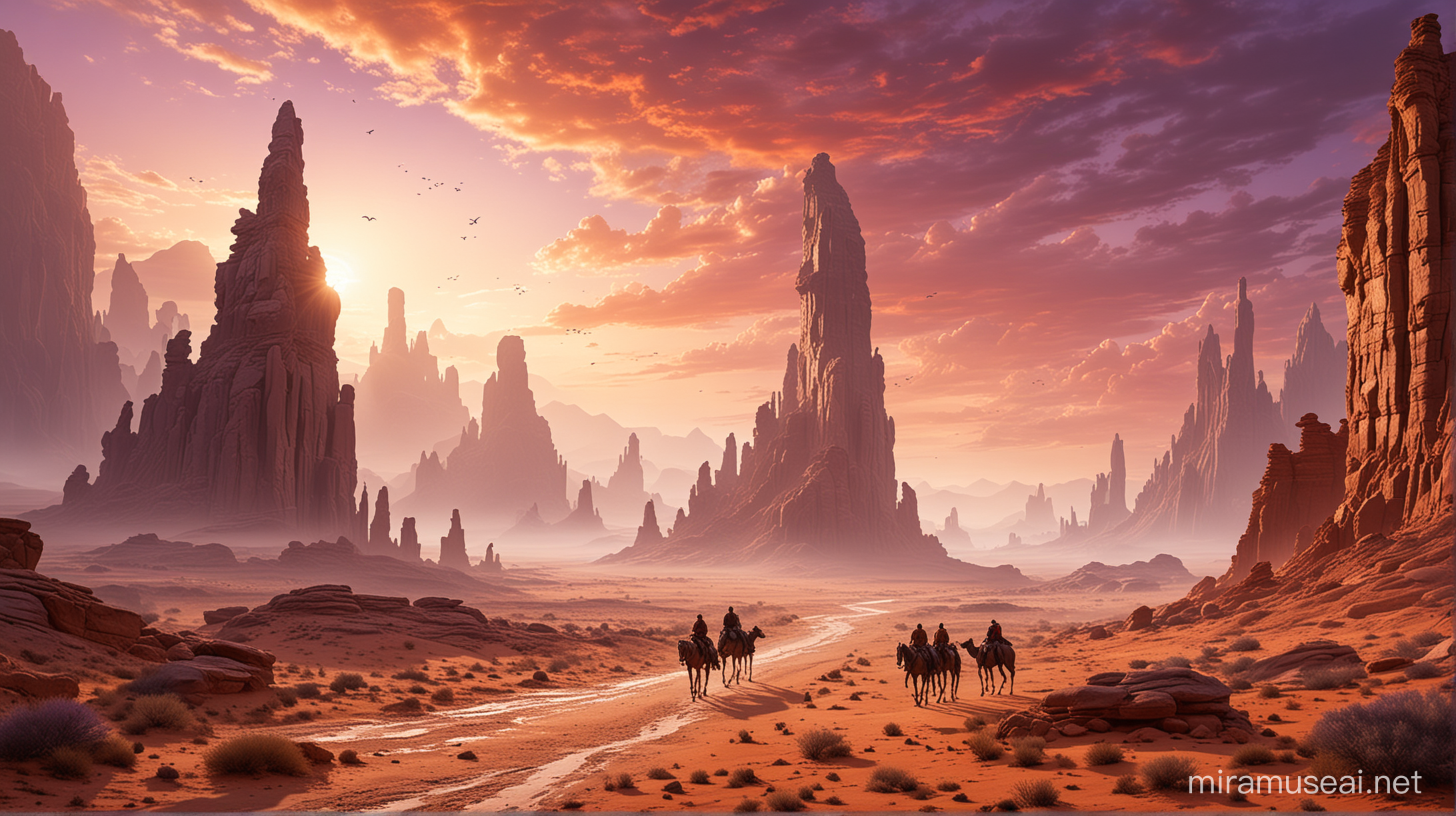 Surreal Desert Landscape with Ancient Structures and Nomadic Travelers