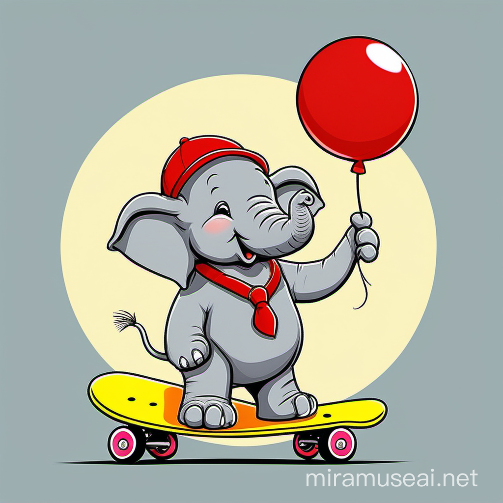 cute, adorable, cartoon-like, grey elephant, smiling, wearing sunglasses, holding red baloon with his trunk, wearing red hat, standing on a skateboard, big yellow circle in the background