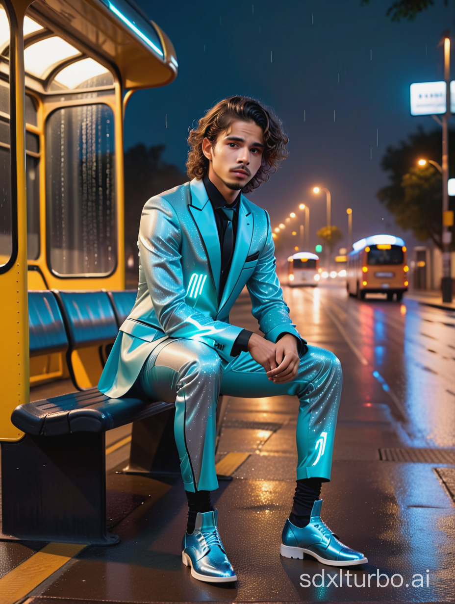 Far away shot, Straight on view, full body portrait of a young latino male in a fancy futuristic suit, wavy hair, sitting at a bus stop at night, confused expression, raining
