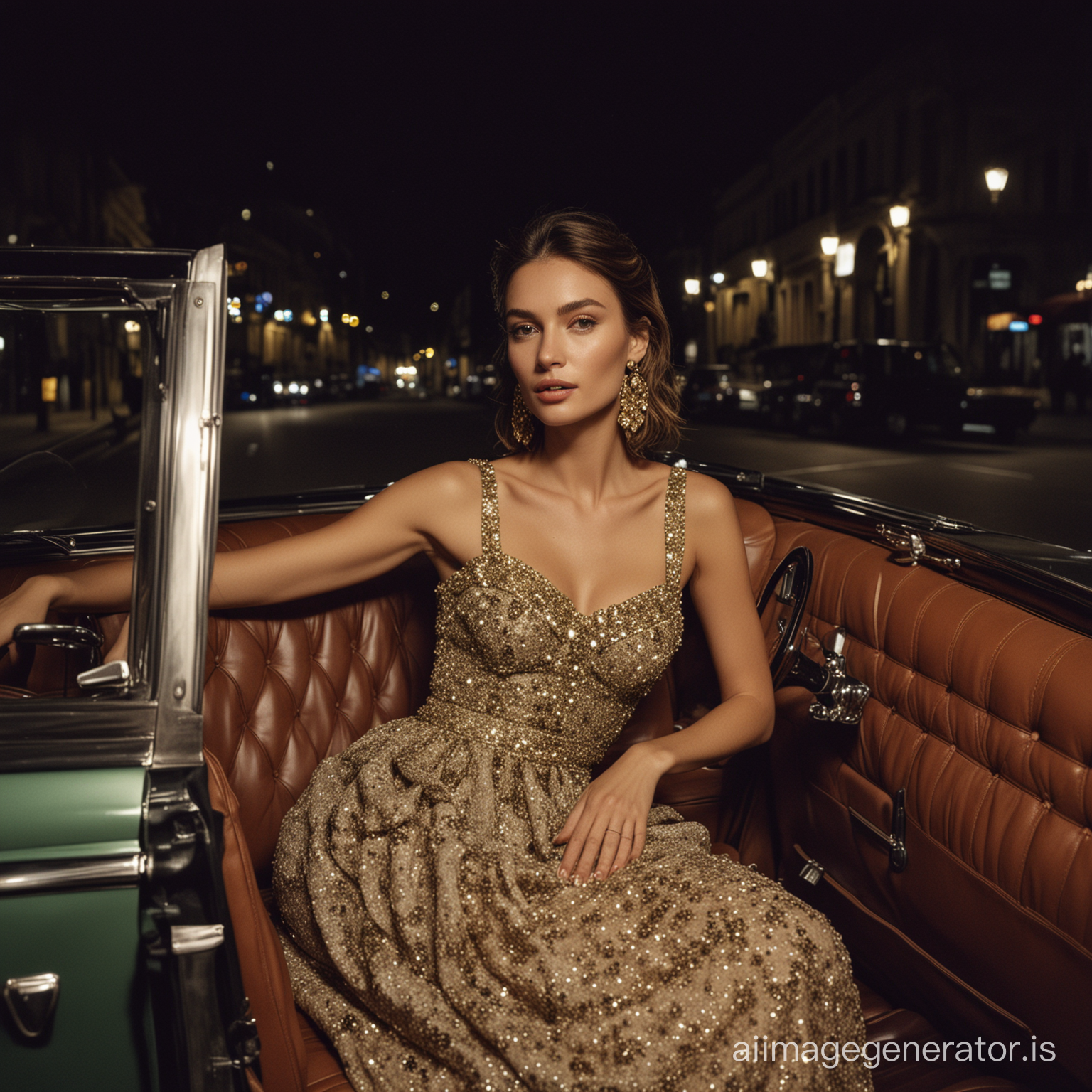 a Dolce & Gabbana style fashion campaign of a woman supermodel posing inside the back seat of a luxury vintage car, outside the car there are photographers and photographers, at night