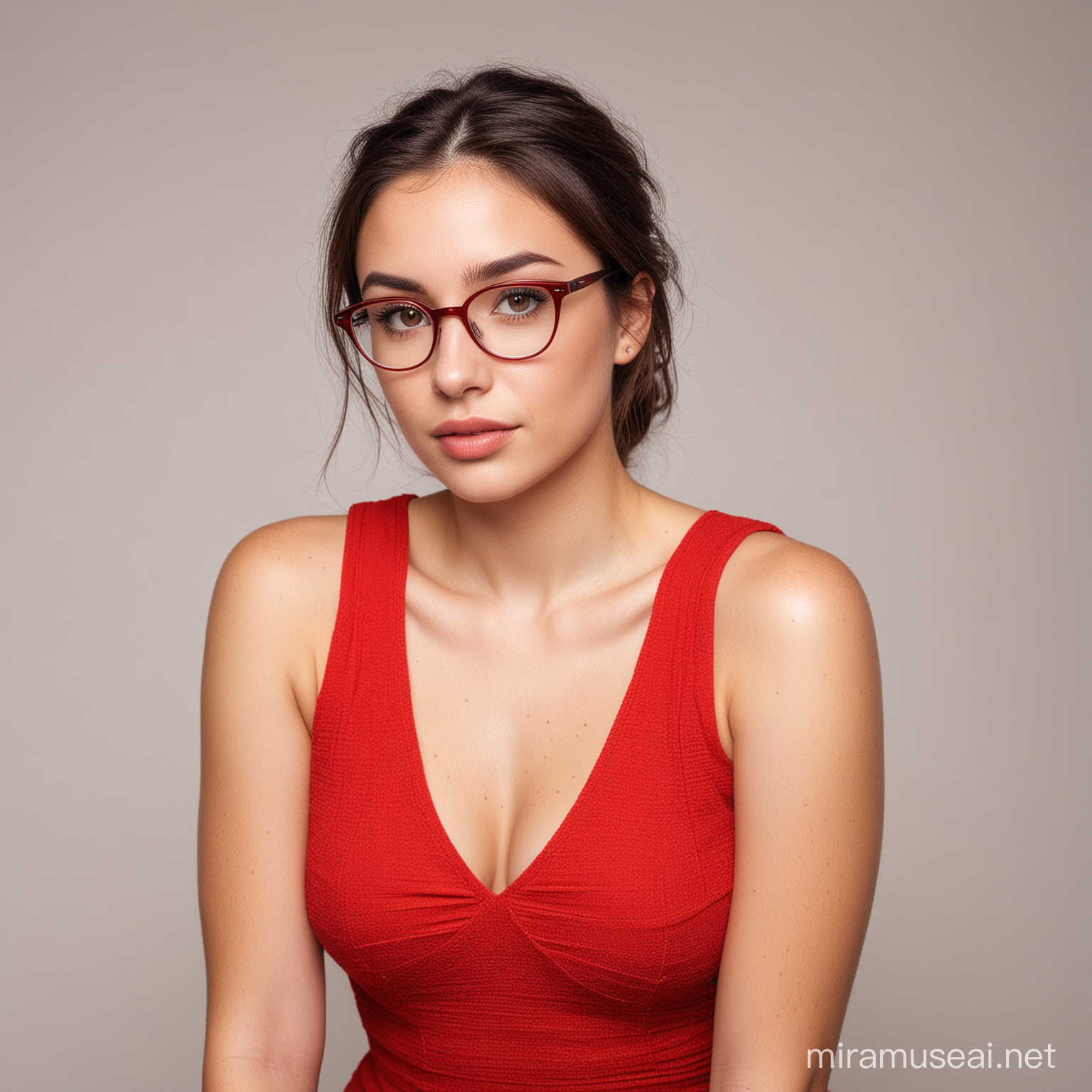 a young woman, brown eyes, wearing glasses, wearing red dress, white background