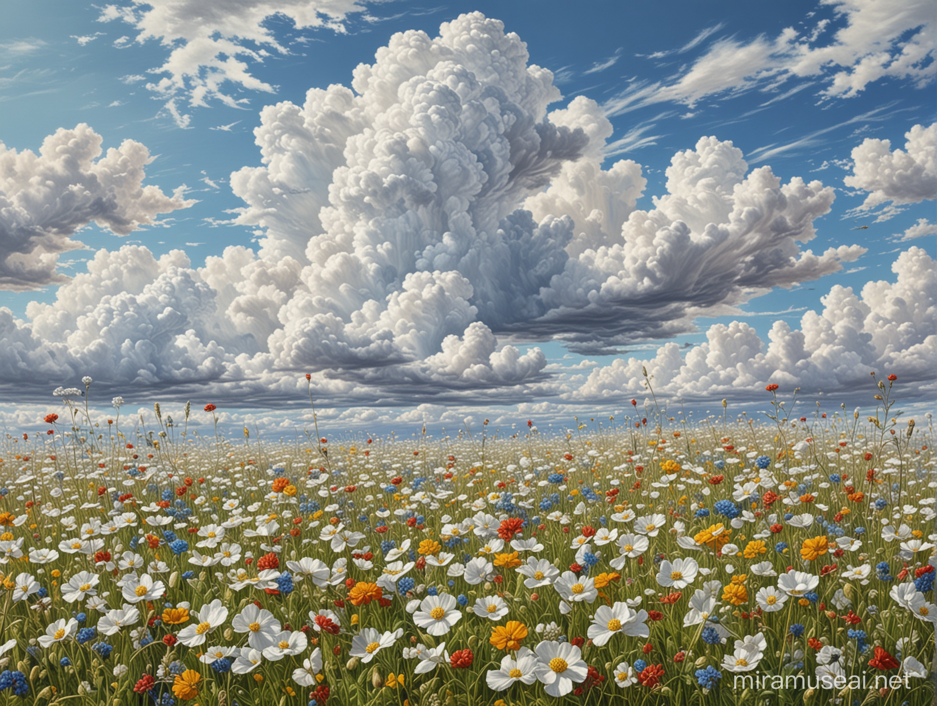 Полевые цветы близким планом, бескрайнее поле, белые, кучевые облака, профессиональный, реалистичный, цветной рисунок, масло, живопись, шедевр.