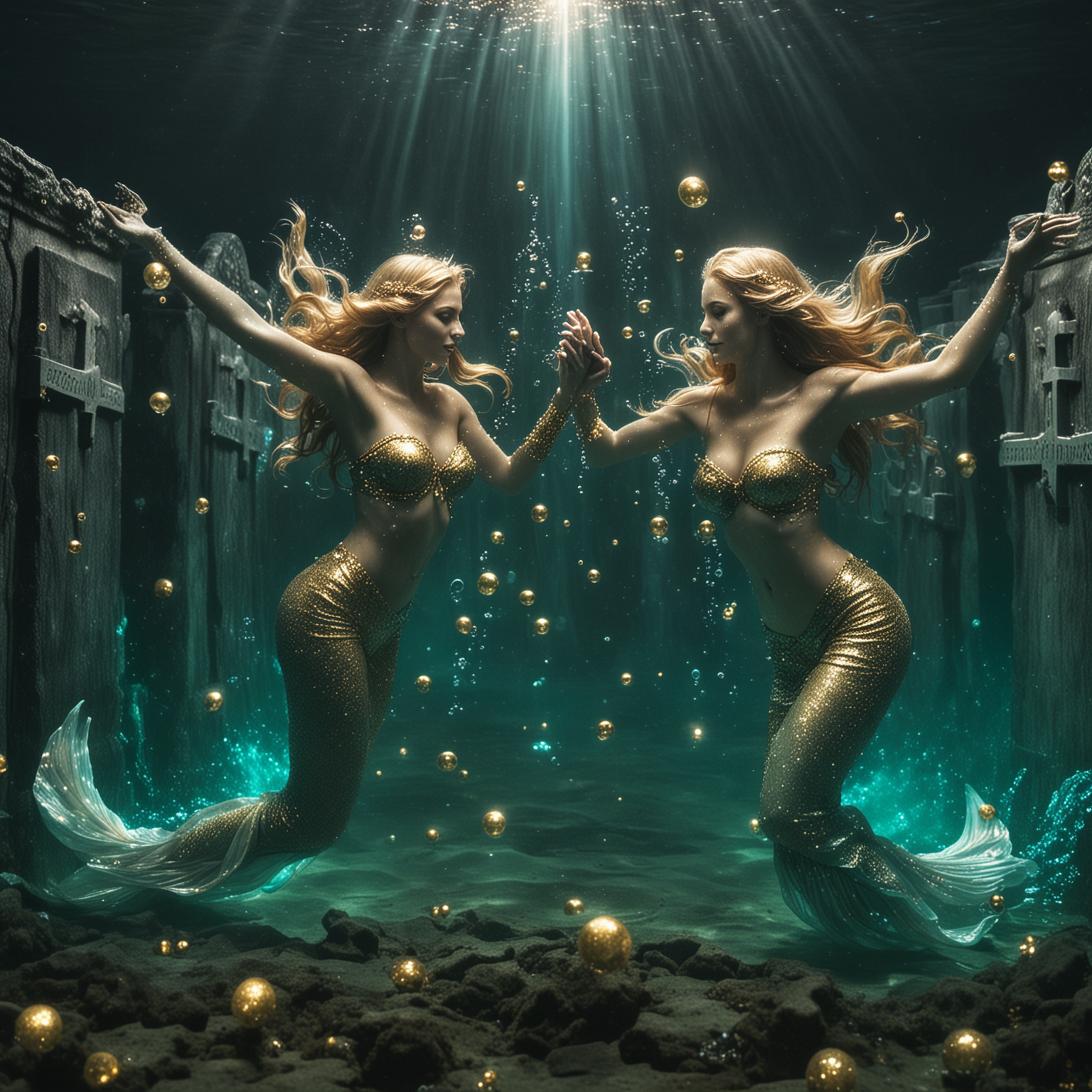 Underwater, two beautiful mermaids,swimming in front of 2 graves, teal, gold, sparkles, bubbles, high lights, contrast 