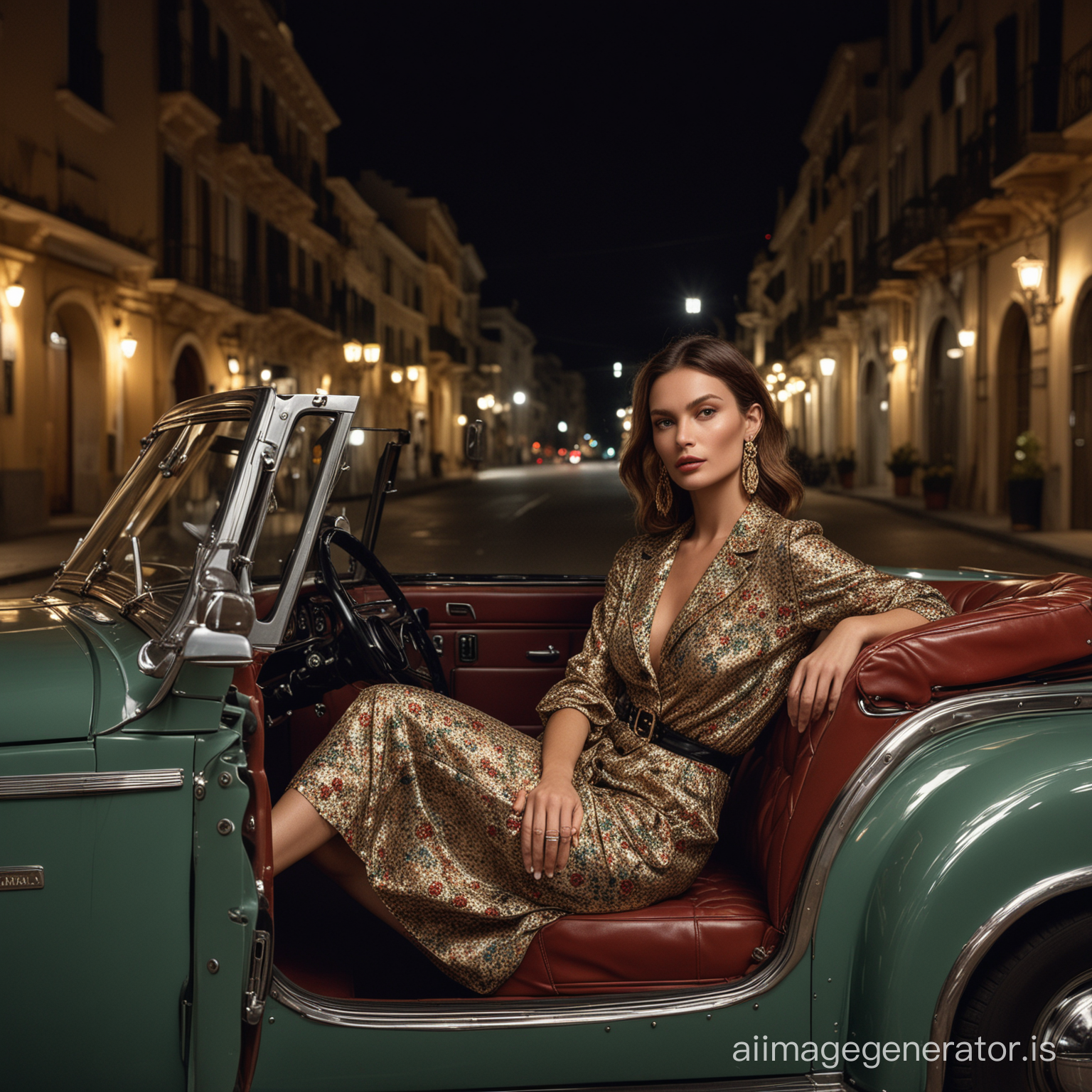 a Dolce & Gabbana style fashion campaign of a woman supermodel posing inside the back seat of a luxury vintage car, outside the car there are photographers and photographers, at night