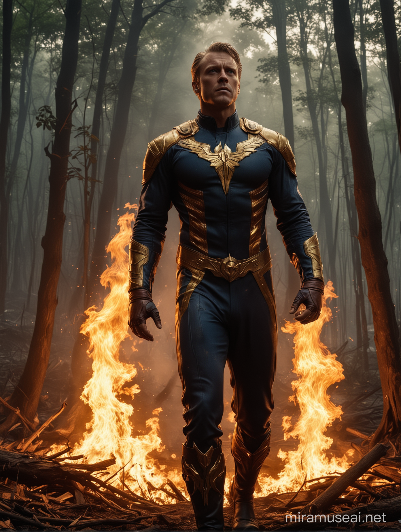 As Homelander emerges from the dense forest, flames lick at his clothing, casting an ominous glow against his chiseled features. His eyes, ablaze with fury, scan the surroundings with a predatory intensity. With each step, the ground seems to tremble beneath his imposing figure, as if nature itself recoils from his wrath. This scene, with its cinematic flair, sets the stage for a confrontation of epic proportions.