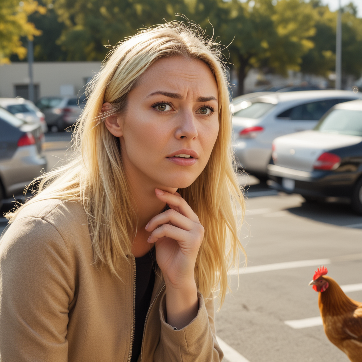 Blonde Woman with Confused Expression Observing Chicken in Parking Lot