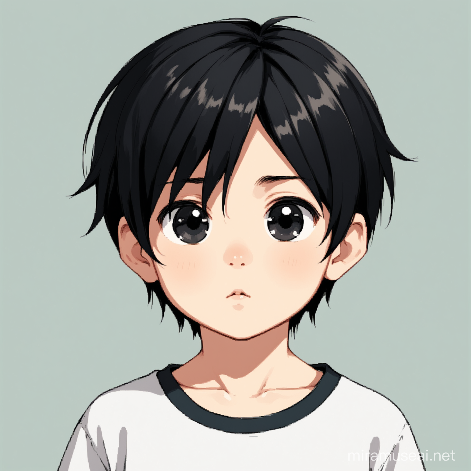 Generate animation picture of a small boy of six years old with black hair and nlack eye