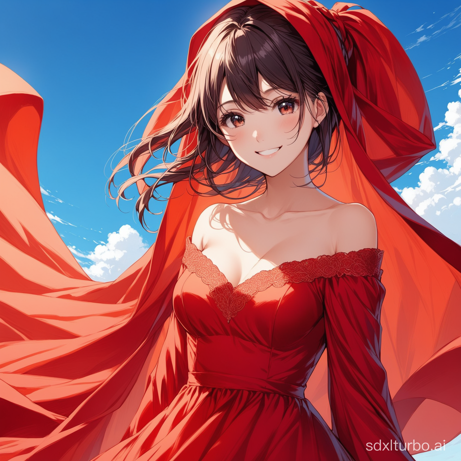 a girl,smile,blue sky,dress red cloth,facus face