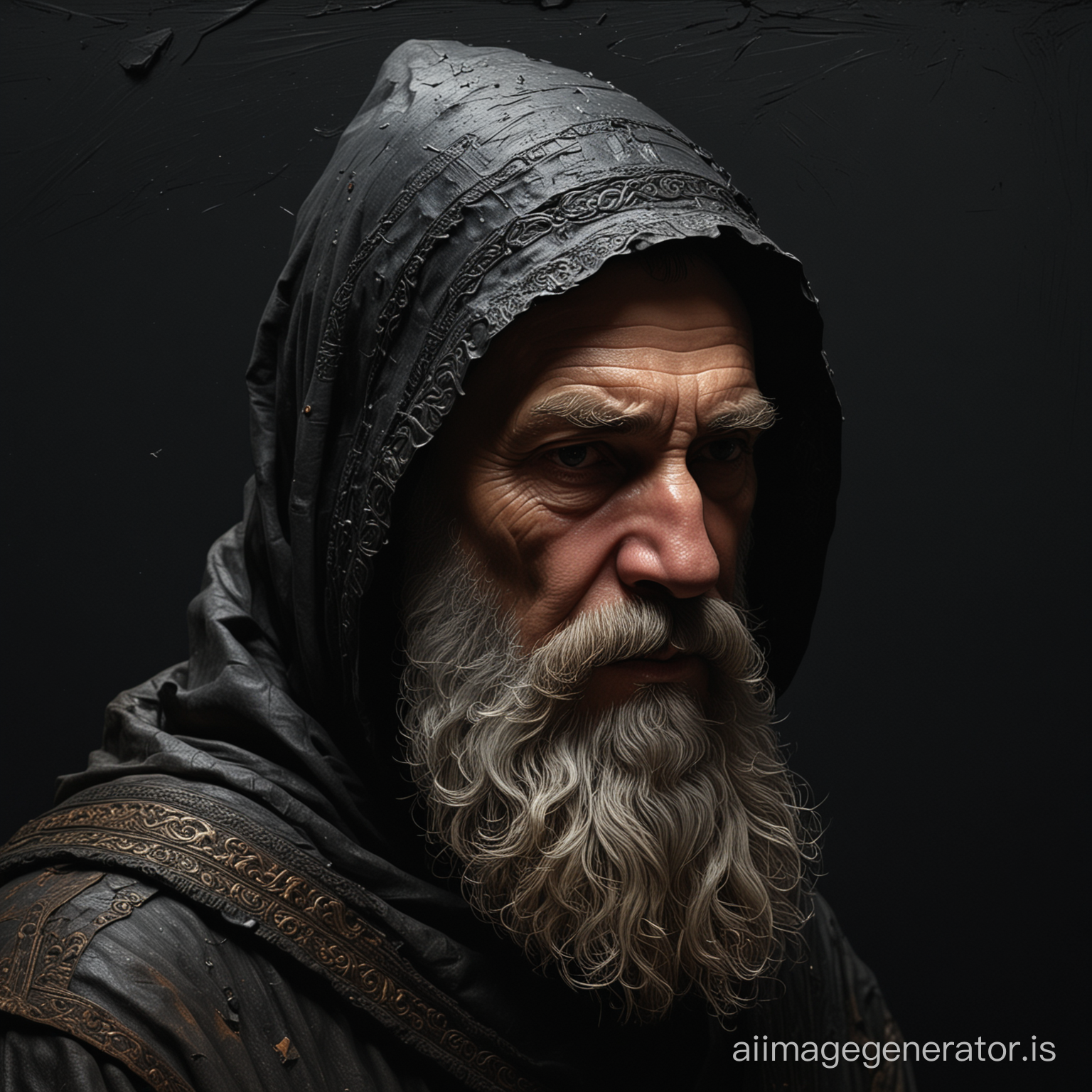An antique oil painting was painted with large volumetric strokes using the textured impasto technique, the paint layer has dried and cracked, the painting depicts the silhouette of a old orthodox monk with beard in a black the light on the face is like a Rembrandt triangle, vestment with a hood on a black background,superdetailed,Ray Tracing Global Illumination,Optics, Scattering,Glow,insanely detailed and intricate,superdetailed,Hyper detailed
