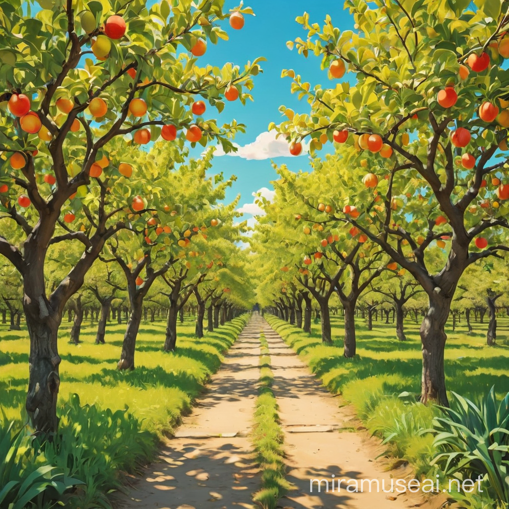 A picture of a sunny orchard in Japan in a pop art picasso style children's book style. 