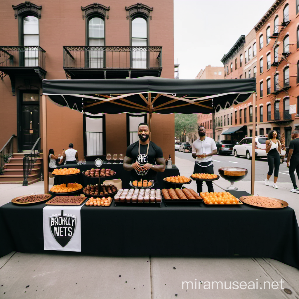 Create a block party by the Brooklyn Nets and Hennessy with black food vendors, an art gala, cocktail area, and music artist, emphasize on the community aspect, include brownstones in the back