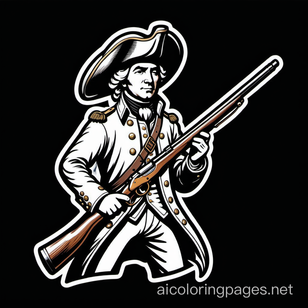 STICKER, ((detailed hatchlines drawing)) ((white lines on black background)) ((two tone)) Minuteman with black powder musket, with a transparent background, Coloring Page, black and white, line art, white background, Simplicity, Ample White Space. The background of the coloring page is plain white to make it easy for young children to color within the lines. The outlines of all the subjects are easy to distinguish, making it simple for kids to color without too much difficulty
