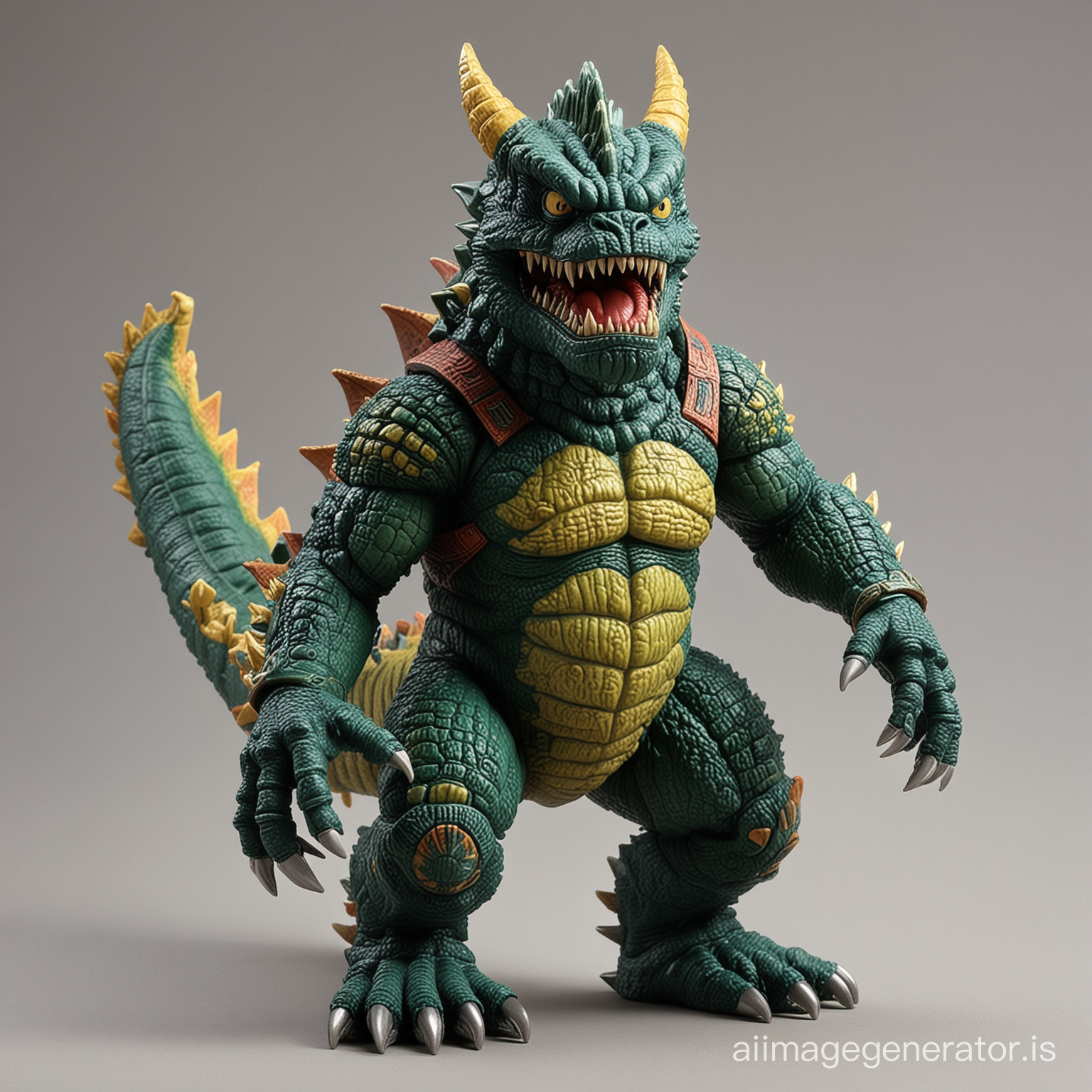 Appearance:  The kaiju figure has a classic, chunky design reminiscent of the monster toys popular in the 1970s. It stands about 8 inches tall, with a sturdy, solid build. The plastic used is of good quality but not overly glossy, giving it an authentic retro feel. The figure is primarily a vibrant shade of green, with hints of other colors like red, blue, and yellow for additional detailing. Its face features large, expressive eyes with a mischievous or fierce expression, capturing the spirit of classic kaiju monsters. The body is adorned with scales or textured patterns, adding depth and interest to the design. The pose of the figure is dynamic, with arms raised or claws extended, as if in mid-roar or attack. Details:  To enhance the vintage feel, the figure has deliberate imperfections like seam lines or rough edges, reminiscent of old-school toy manufacturing processes. Paint application is simple yet effective, with bold colors and minimal shading. The figure may have small, removable accessories like a mini-city or vehicles for the kaiju to interact with, adding play value. On the underside of the figure, there's a copyright stamp or logo reminiscent of vintage toy branding, adding to its nostalgic charm. Packaging:  The kaiju figure comes packaged in a retro-style box adorned with colorful artwork depicting scenes of destruction and mayhem. The box features bold, eye-catching fonts and graphics reminiscent of 1970s toy packaging, with phrases like "Kaiju Attack!" or "Beware the Monster!". Overall, this vintage-style kaiju figure captures the essence of classic 1970s monster toys, appealing to the hearts of those who grew up during that era with its nostalgic design and affordable, plastic construction.       The figure do looks like a godzilla-style monster. with some japanese style in it.