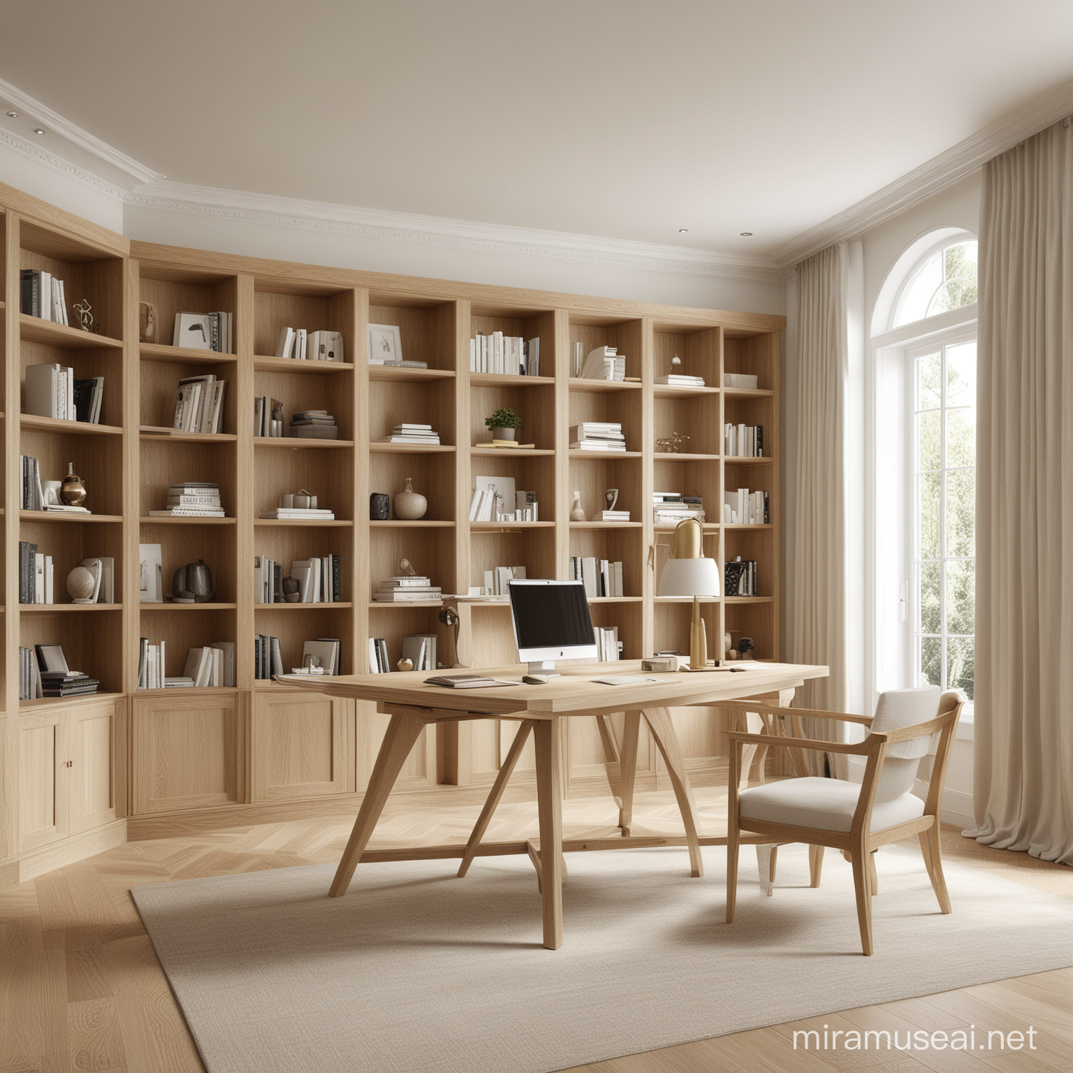 Imagine a hyperrealistic organic minimalist classic contemporary large home office and library; walls in ivory limewash; Blonde Oak; brass; simplicity; 