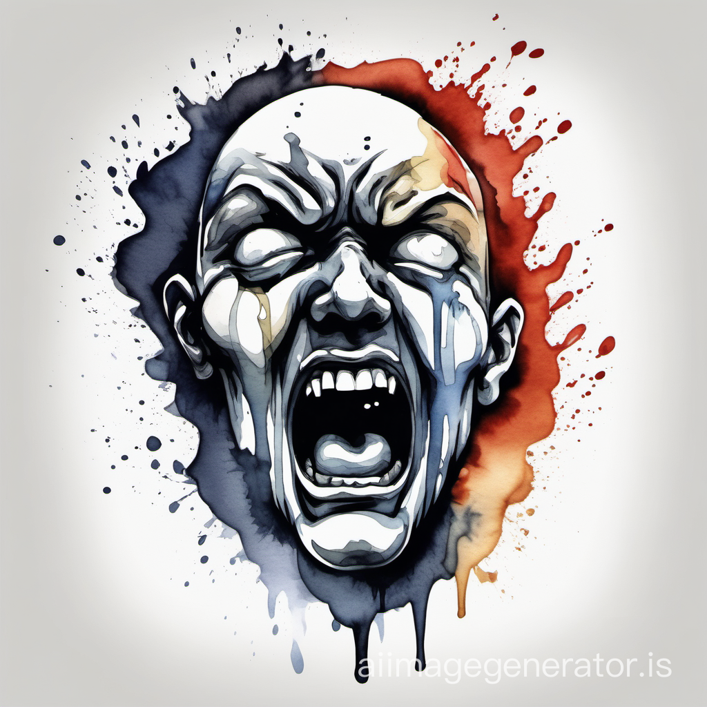 Abstract cartoonish watercolor design of a melting human face with angry and screaming expression, sumi-e watercolor style, tshirt print design, with empty background 