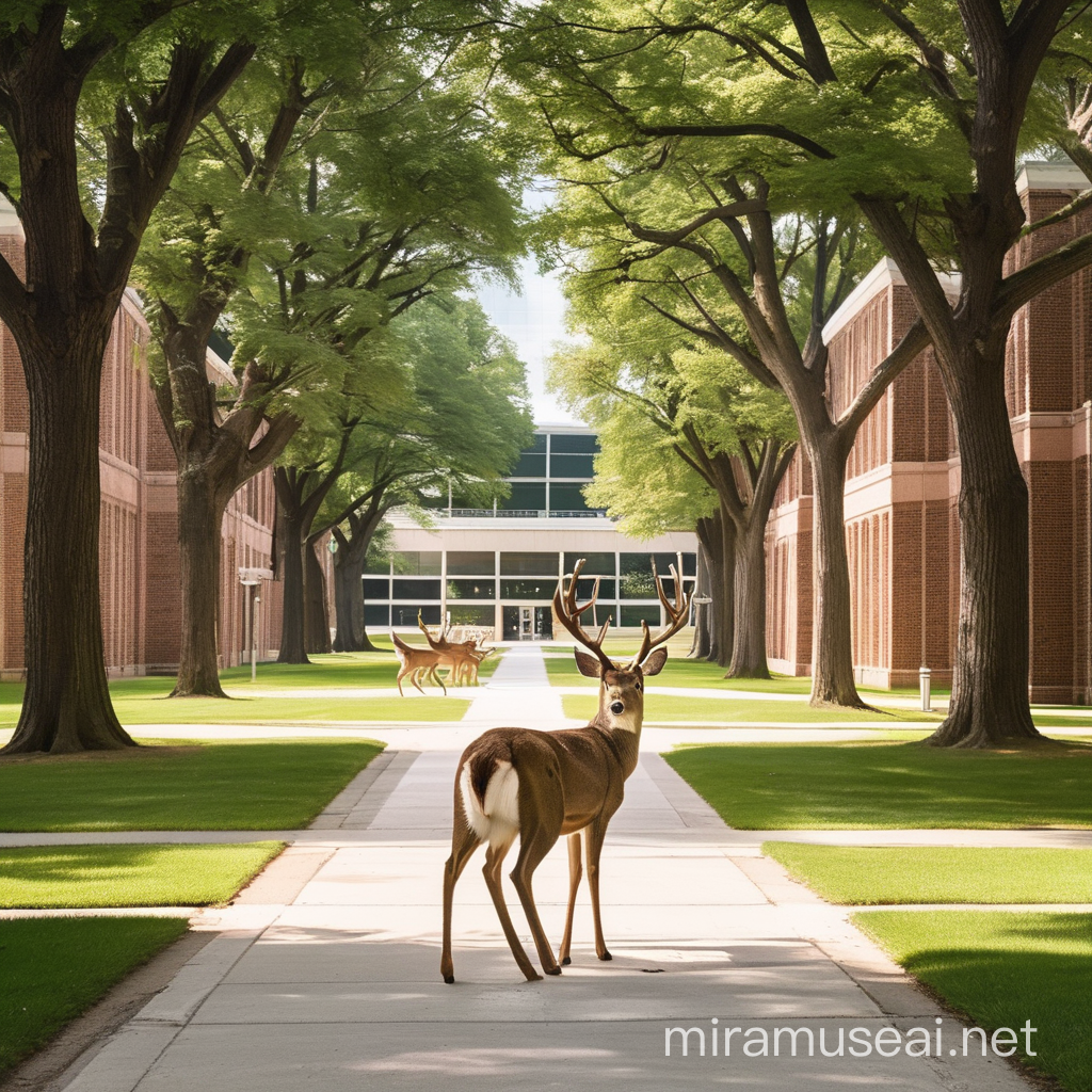 Deer Grazing Peacefully in a University Campus Meadow