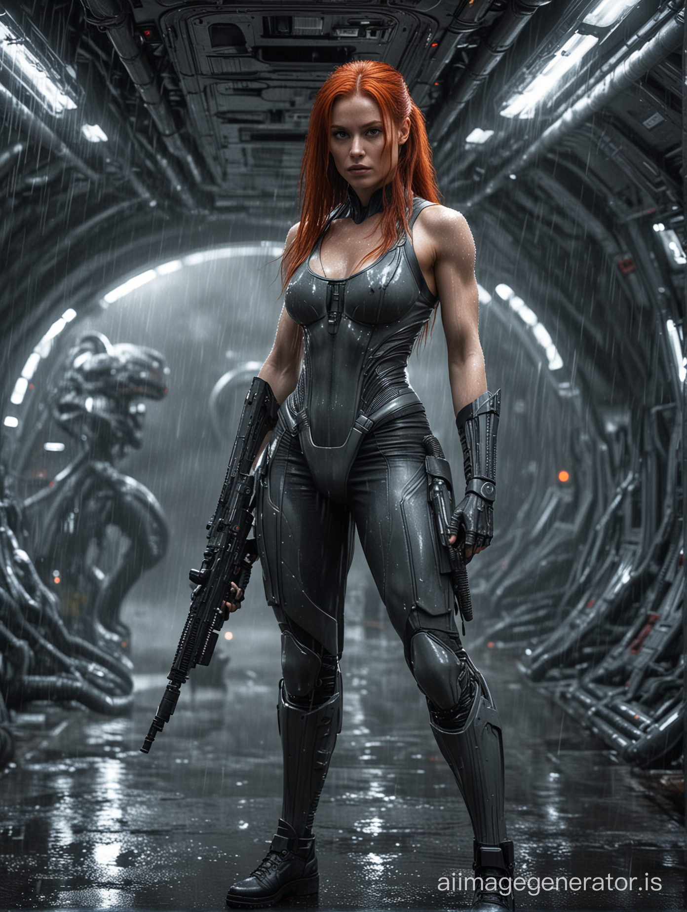 Alien movie type movie poster. Thin skinny tone muscular sexy woman in the rain. full body pose. very long red hair in a ponytail. large firm boobs grey clothing laser rifle. shooting an alien xenomorph. inside sci-fy spaceship background.